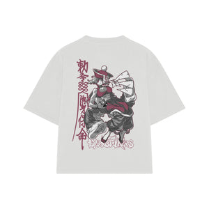 Playera streetwear premium de anime y gaming ExtraLife MX, corte boxy oversized drop shoulder heavyweight en color Deep Black y Off-White, moda urbana mexicana de culto.