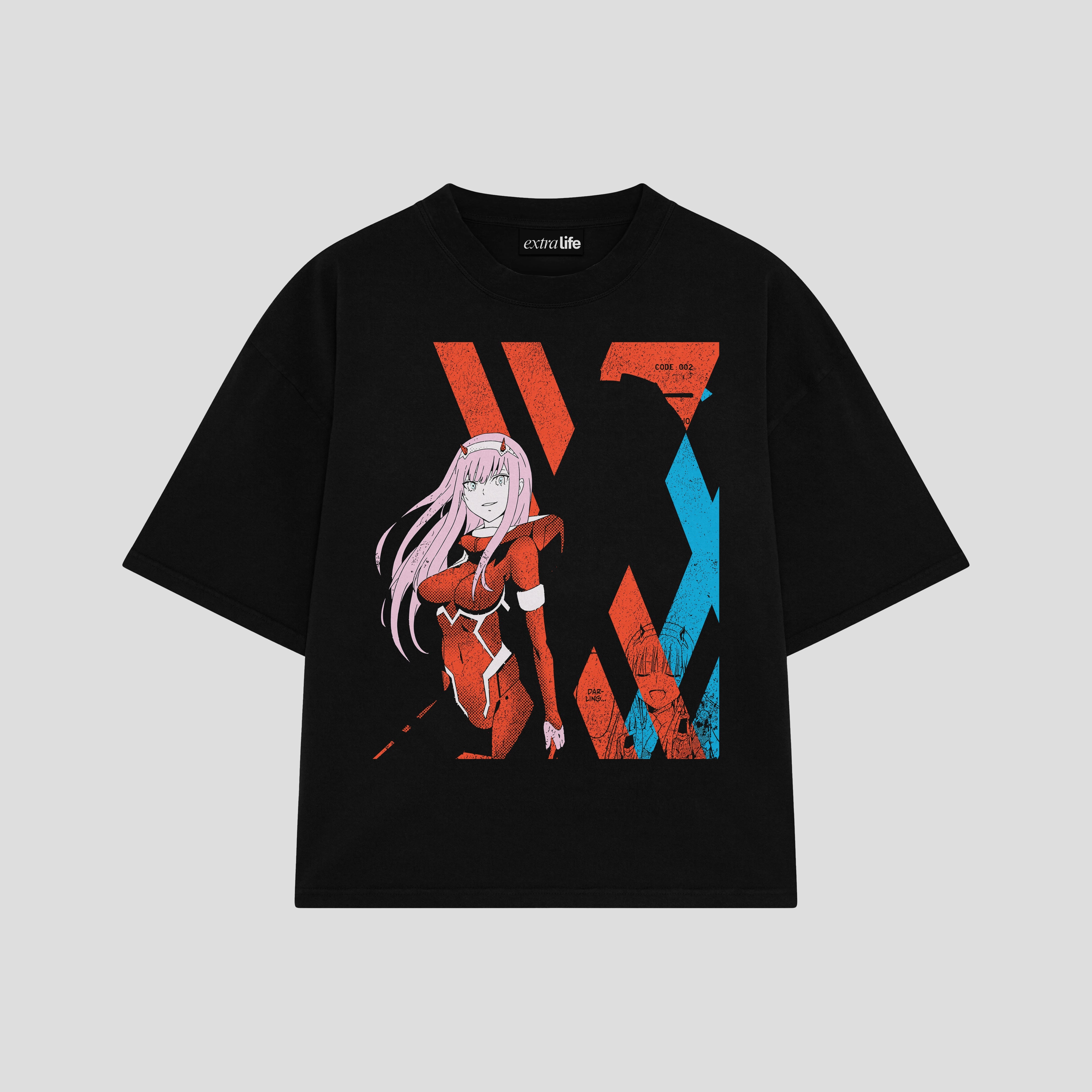 Playera streetwear premium de anime y gaming ExtraLife MX, corte boxy oversized drop shoulder heavyweight en color Deep Black y Off-White, moda urbana mexicana de culto.