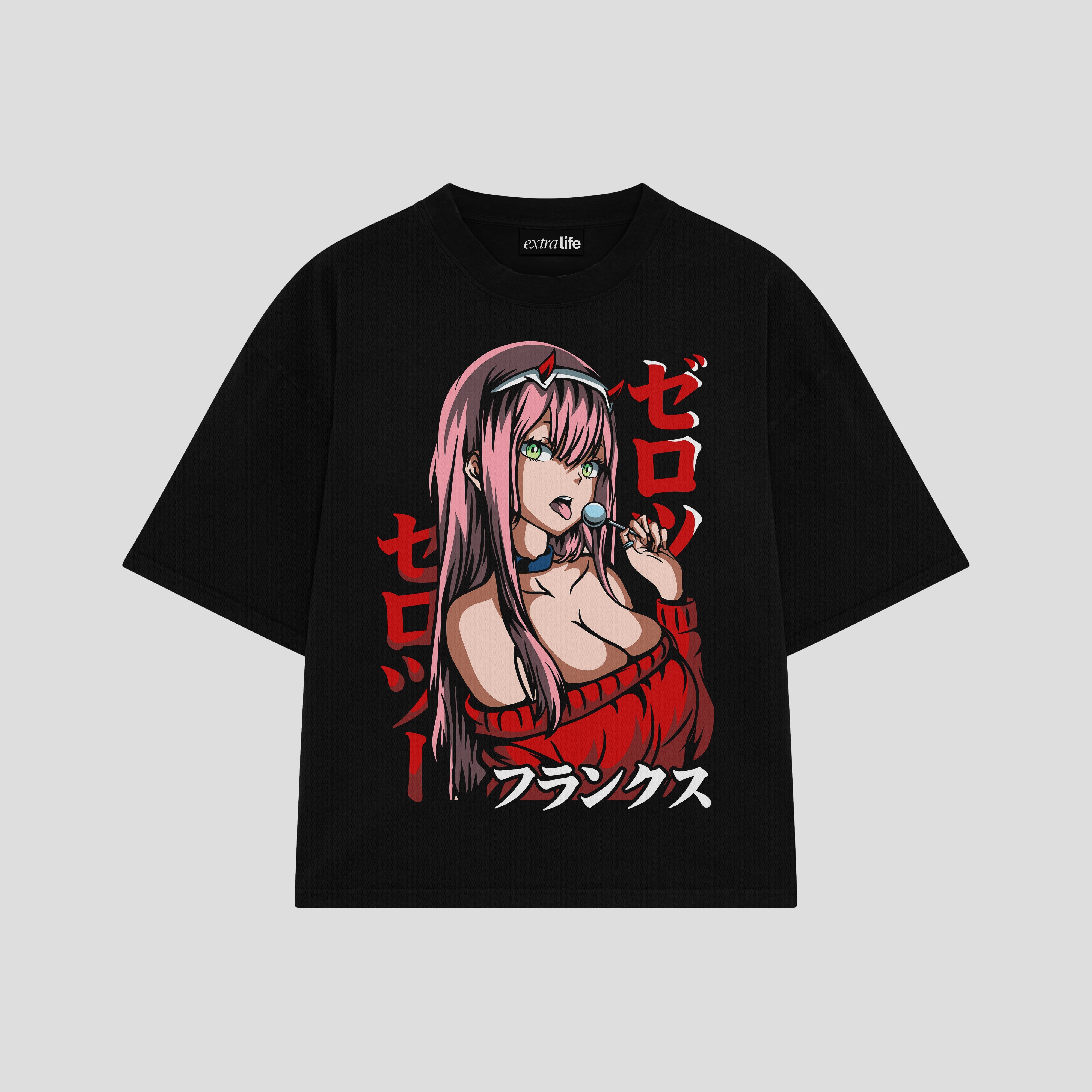 Playera streetwear premium de anime y gaming ExtraLife MX, corte boxy oversized drop shoulder heavyweight en color Deep Black y Off-White, moda urbana mexicana de culto.