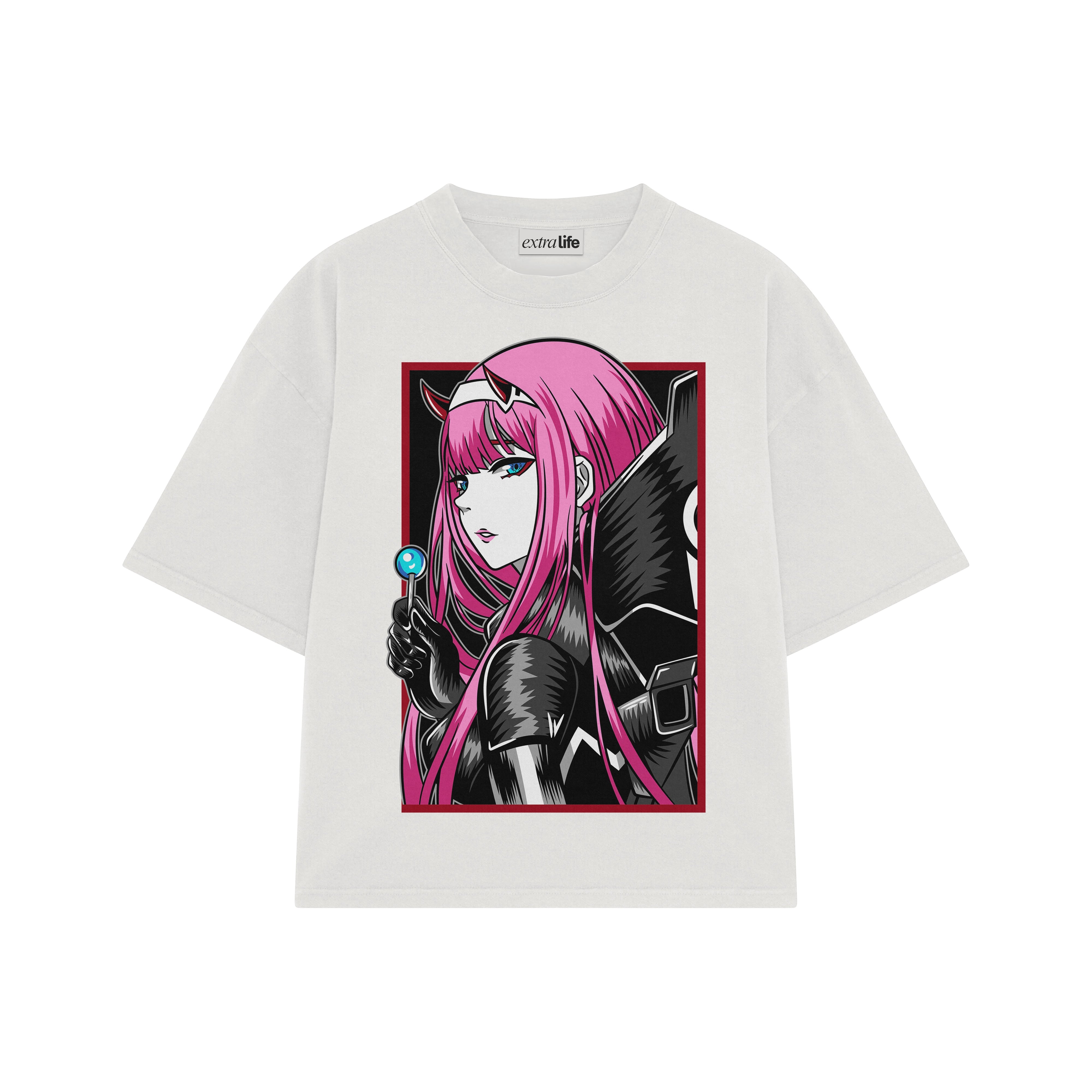 Playera streetwear premium de anime y gaming ExtraLife MX, corte boxy oversized drop shoulder heavyweight en color Deep Black y Off-White, moda urbana mexicana de culto.