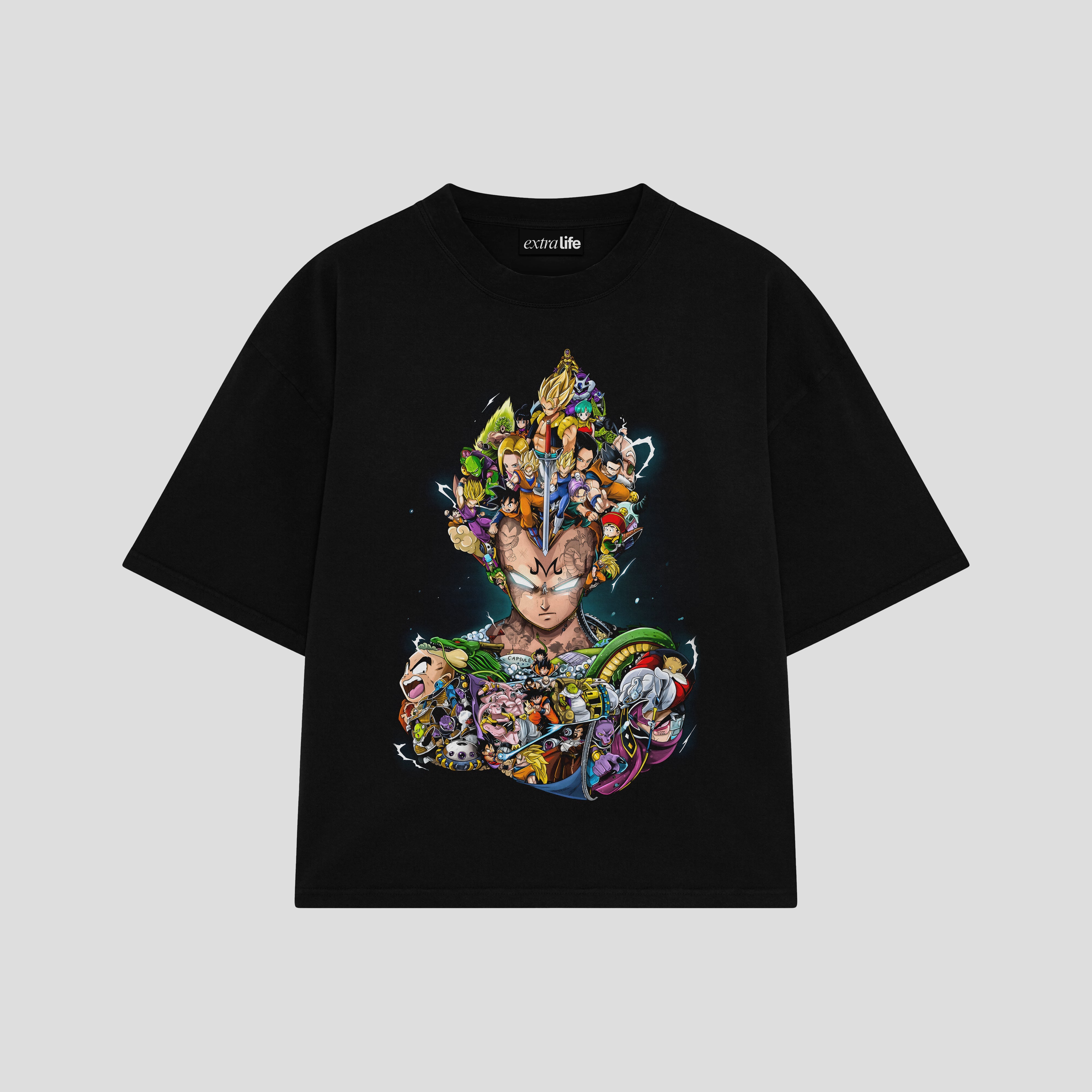 Playera streetwear premium de anime y gaming ExtraLife MX, corte boxy oversized drop shoulder heavyweight en color Deep Black y Off-White, moda urbana mexicana de culto.