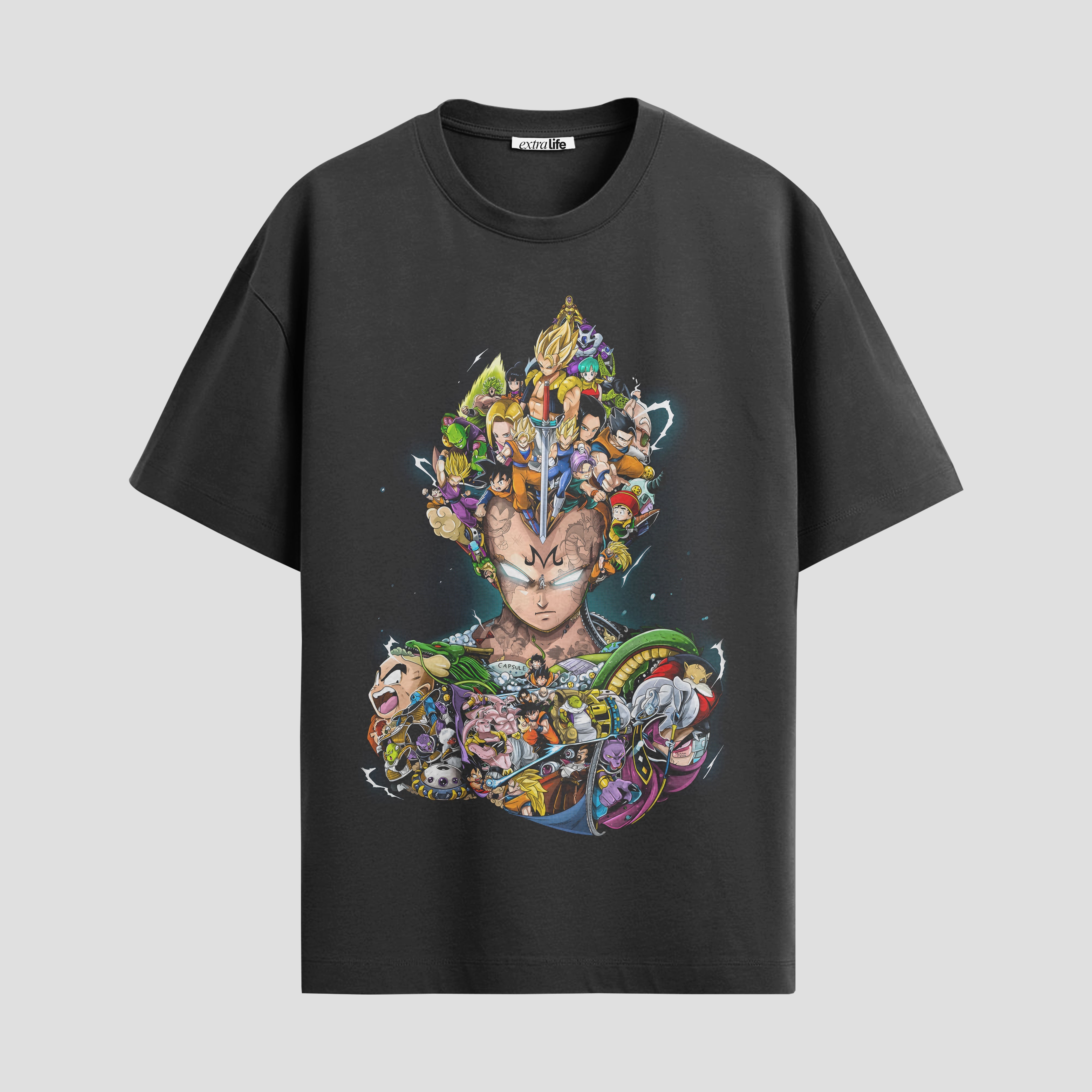 Playera urbana de anime y gaming ExtraLife MX, corte Standard Fit unisex ligero y transpirable en color Deep Black y Pure White, ropa de uso diario para gym y casual.