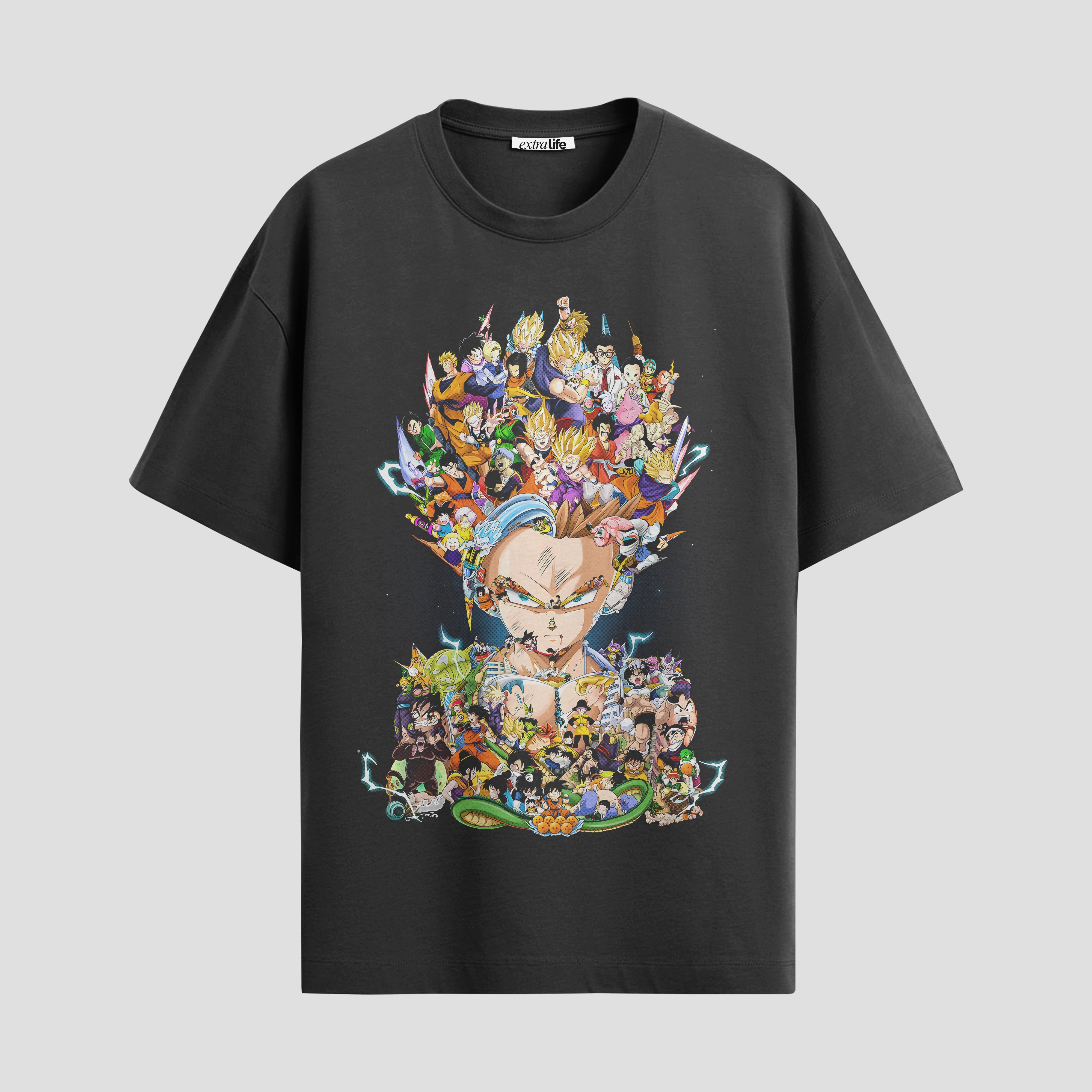 Playera urbana de anime y gaming ExtraLife MX, corte Standard Fit unisex ligero y transpirable en color Deep Black y Pure White, ropa de uso diario para gym y casual.