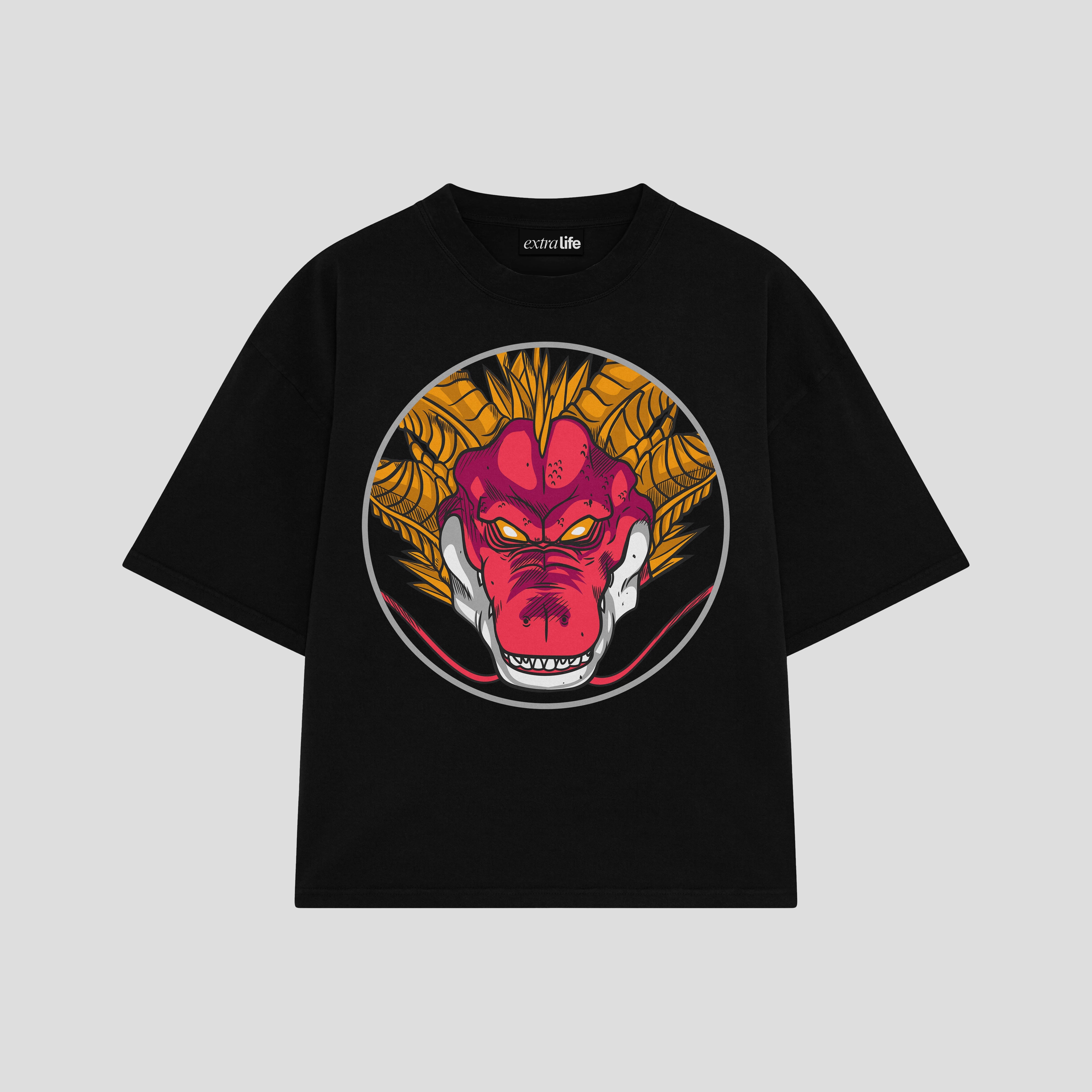 Playera streetwear premium de anime y gaming ExtraLife MX, corte boxy oversized drop shoulder heavyweight en color Deep Black y Off-White, moda urbana mexicana de culto.