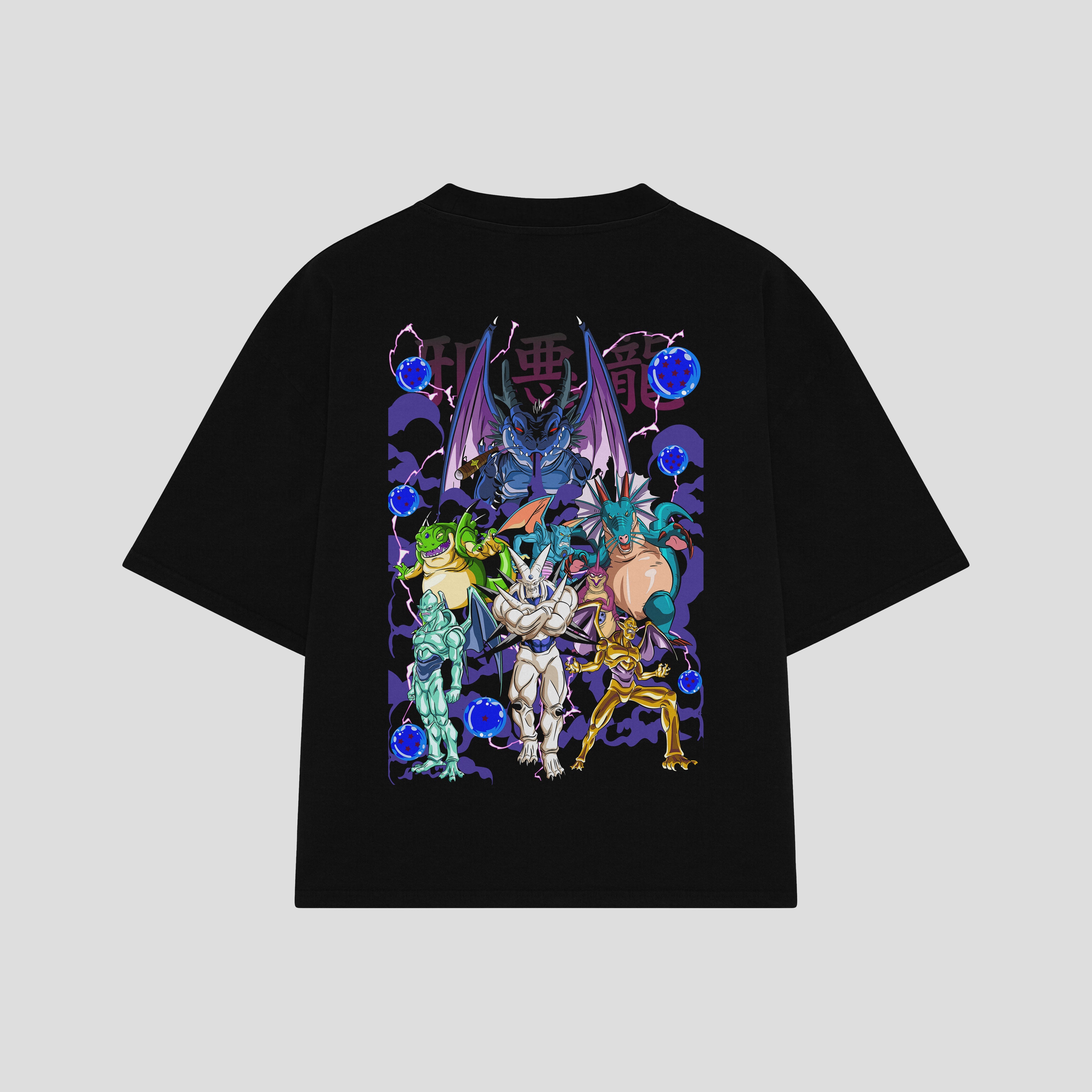 Playera streetwear premium de anime y gaming ExtraLife MX, corte boxy oversized drop shoulder heavyweight en color Deep Black y Off-White, moda urbana mexicana de culto.