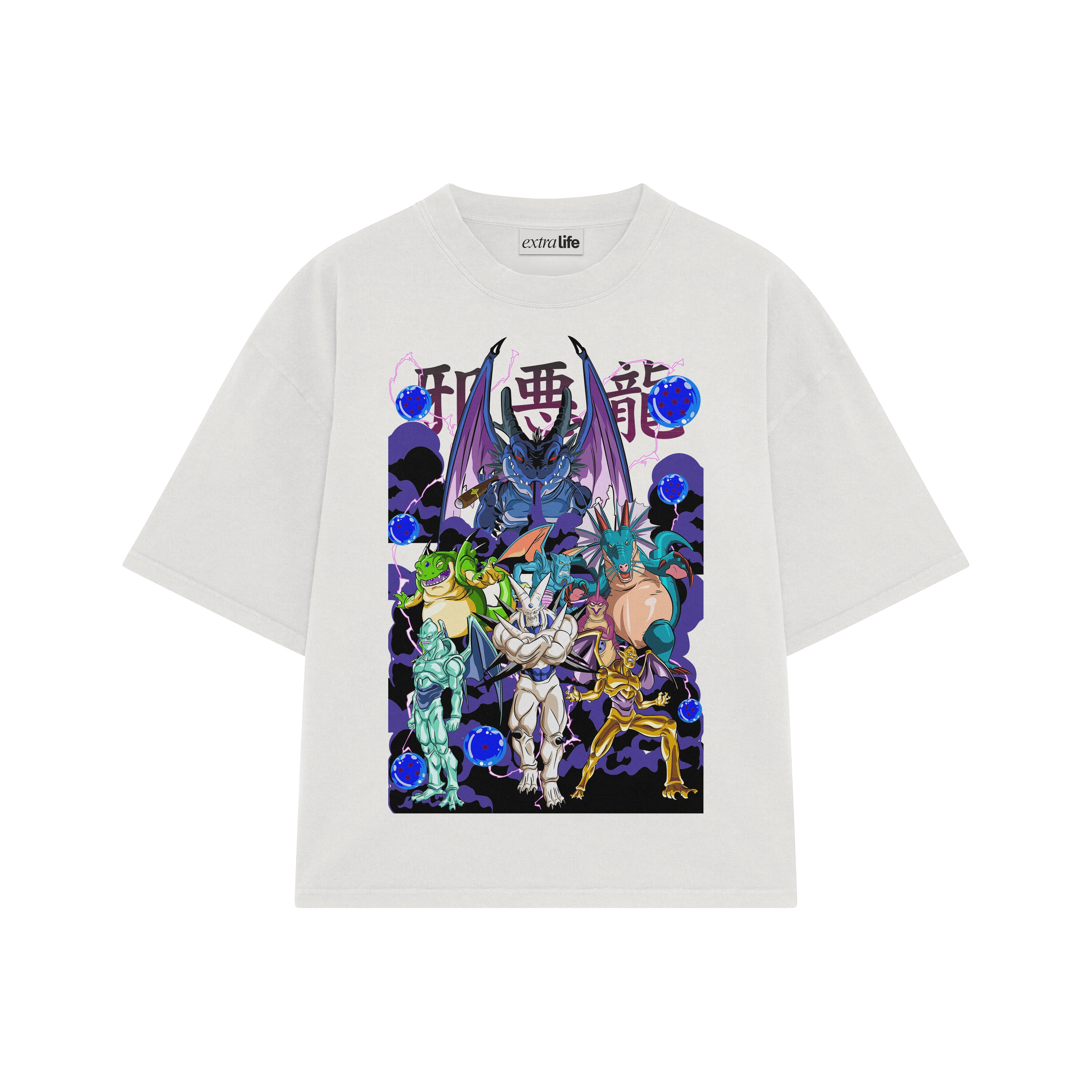 Playera streetwear premium de anime y gaming ExtraLife MX, corte boxy oversized drop shoulder heavyweight en color Deep Black y Off-White, moda urbana mexicana de culto.