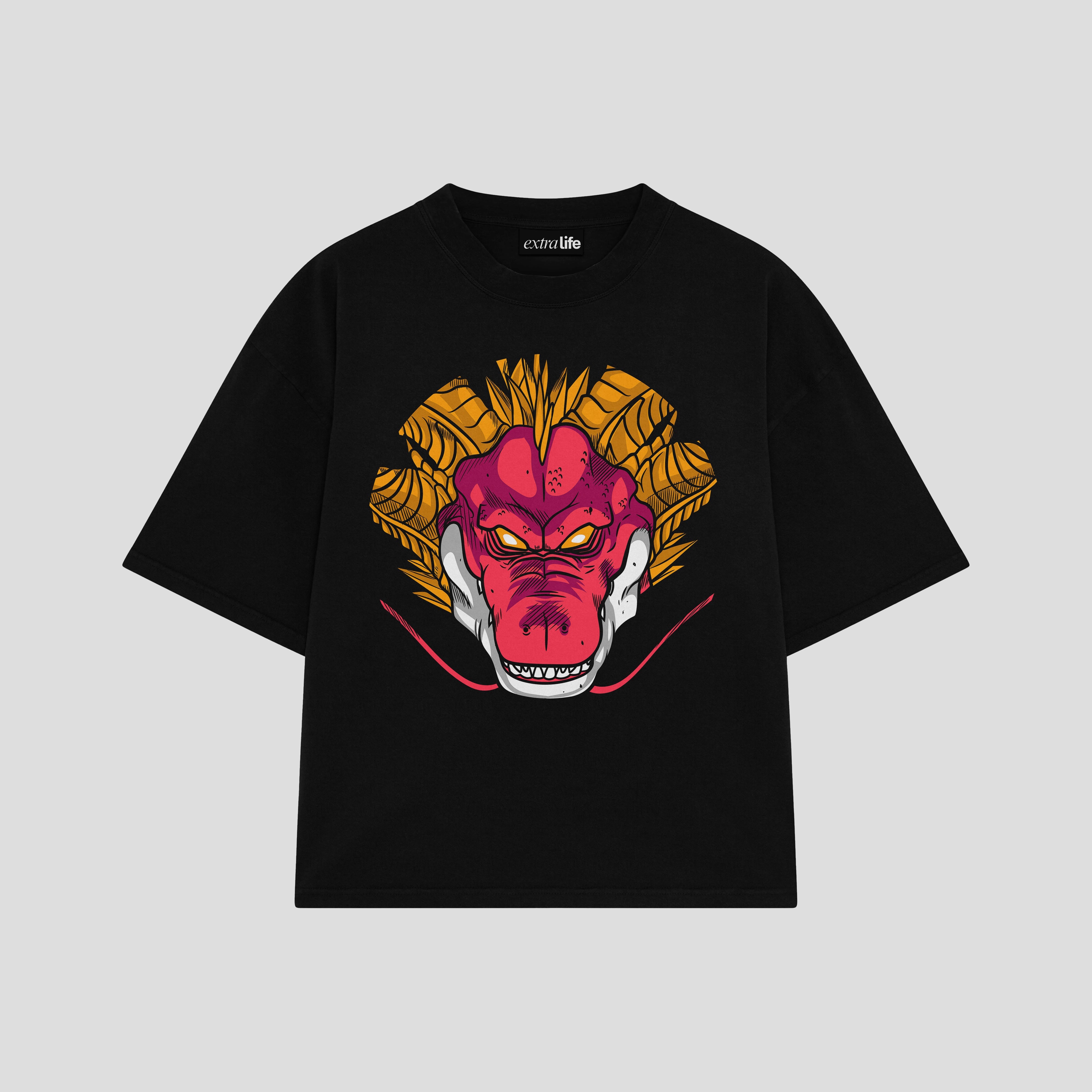 Playera streetwear premium de anime y gaming ExtraLife MX, corte boxy oversized drop shoulder heavyweight en color Deep Black y Off-White, moda urbana mexicana de culto.
