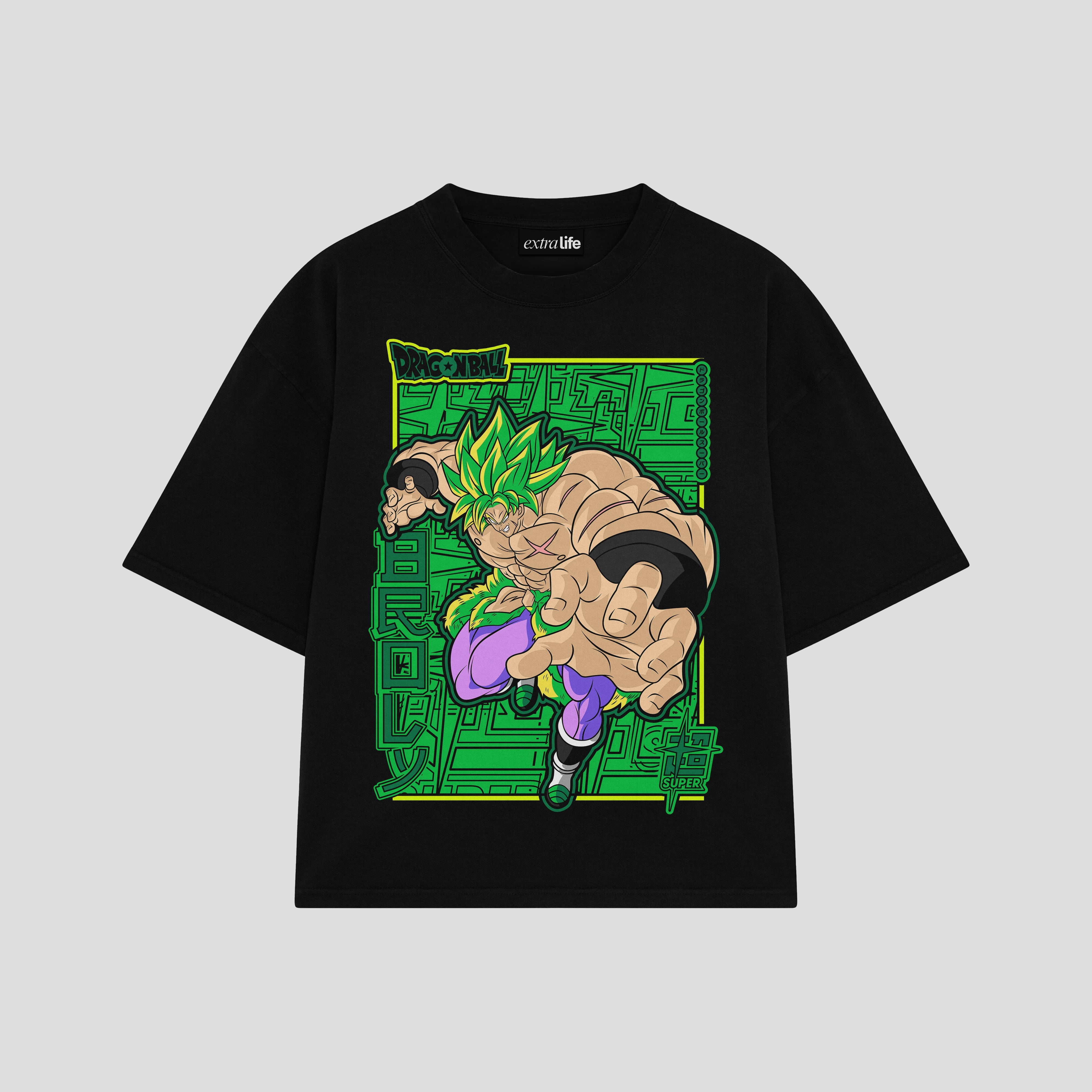 Playera streetwear premium de anime y gaming ExtraLife MX, corte boxy oversized drop shoulder heavyweight en color Deep Black y Off-White, moda urbana mexicana de culto.