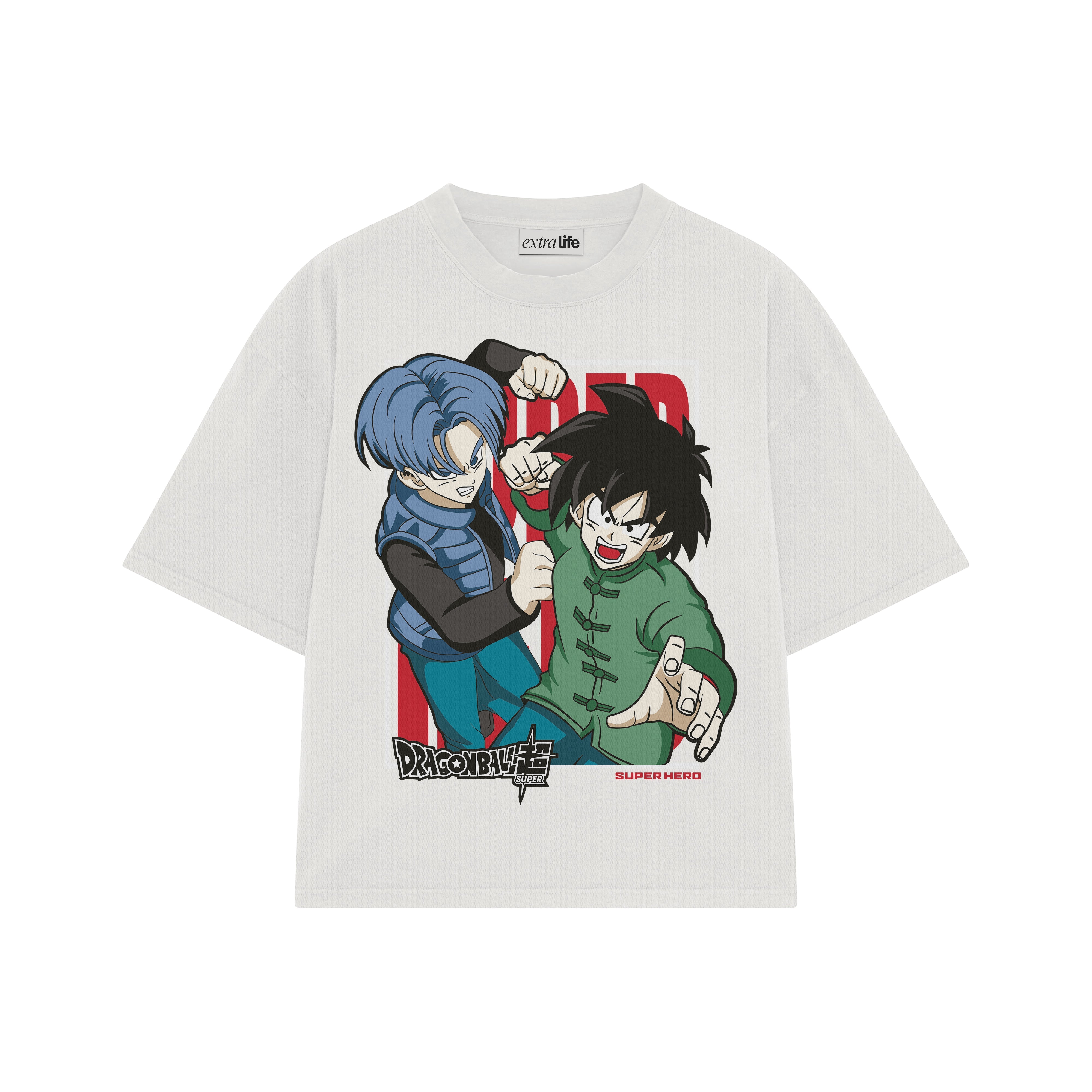 Playera streetwear premium de anime y gaming ExtraLife MX, corte boxy oversized drop shoulder heavyweight en color Deep Black y Off-White, moda urbana mexicana de culto.