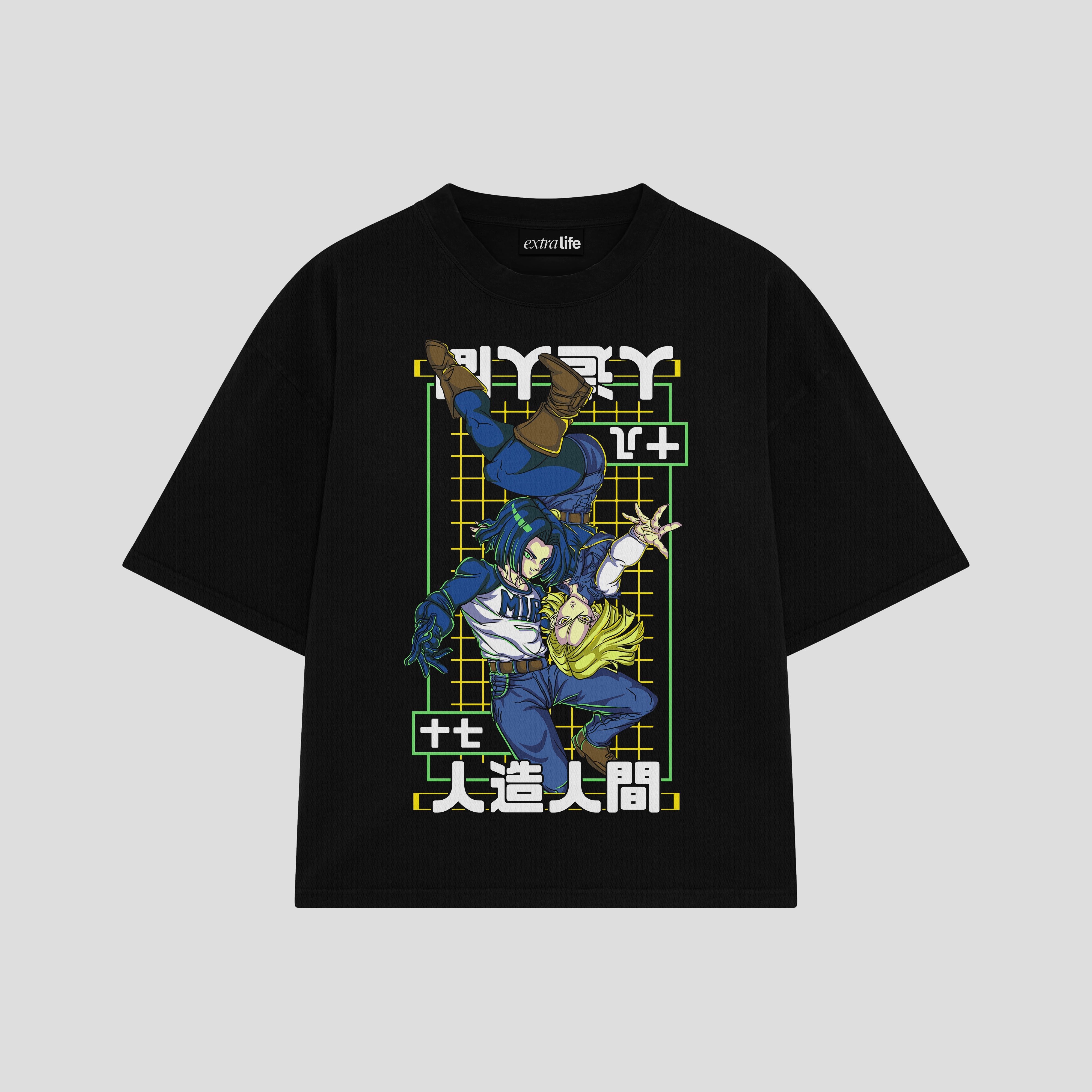 Playera streetwear premium de anime y gaming ExtraLife MX, corte boxy oversized drop shoulder heavyweight en color Deep Black y Off-White, moda urbana mexicana de culto.