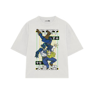 Playera streetwear premium de anime y gaming ExtraLife MX, corte boxy oversized drop shoulder heavyweight en color Deep Black y Off-White, moda urbana mexicana de culto.