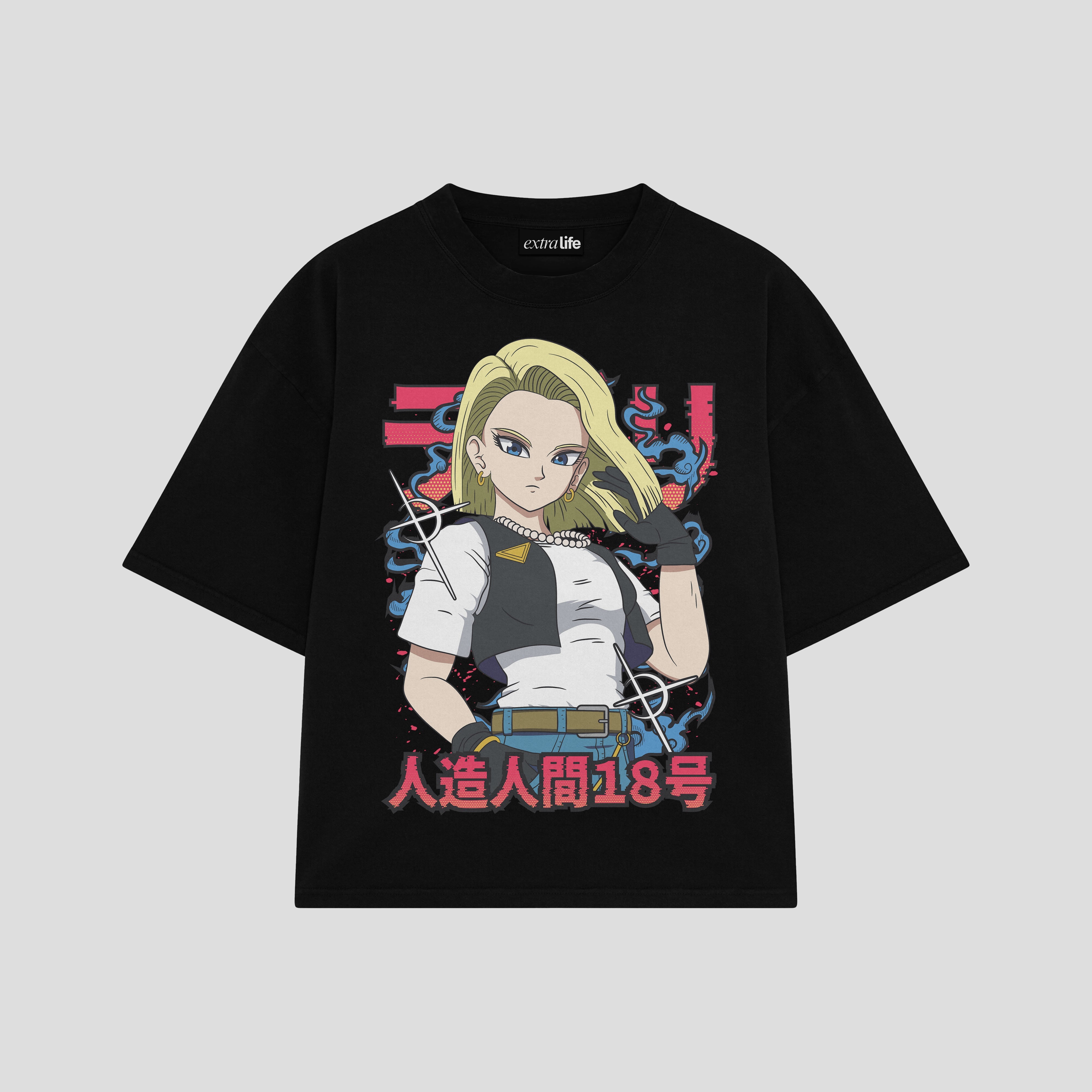 Playera streetwear premium de anime y gaming ExtraLife MX, corte boxy oversized drop shoulder heavyweight en color Deep Black y Off-White, moda urbana mexicana de culto.