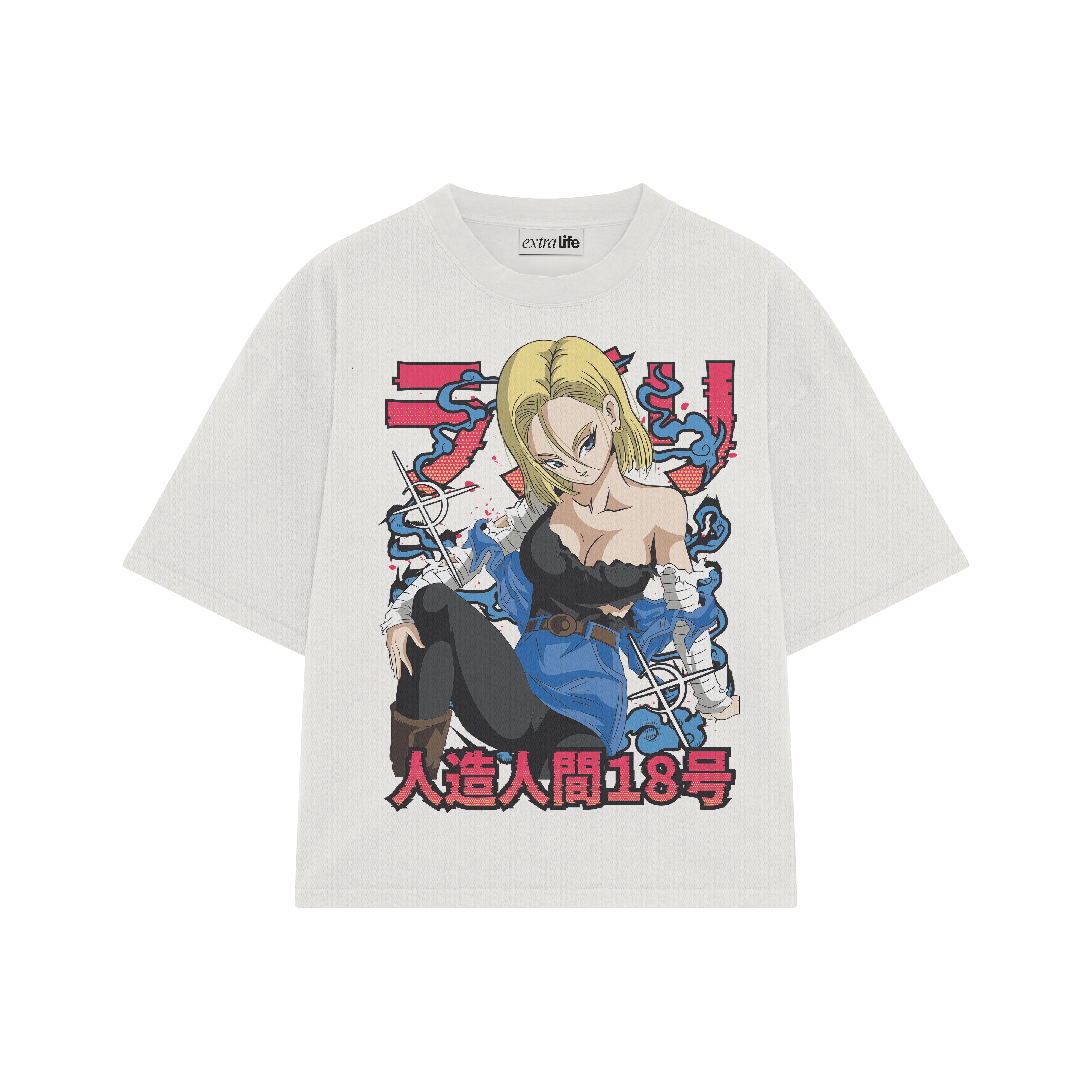 Playera streetwear premium de anime y gaming ExtraLife MX, corte boxy oversized drop shoulder heavyweight en color Deep Black y Off-White, moda urbana mexicana de culto.
