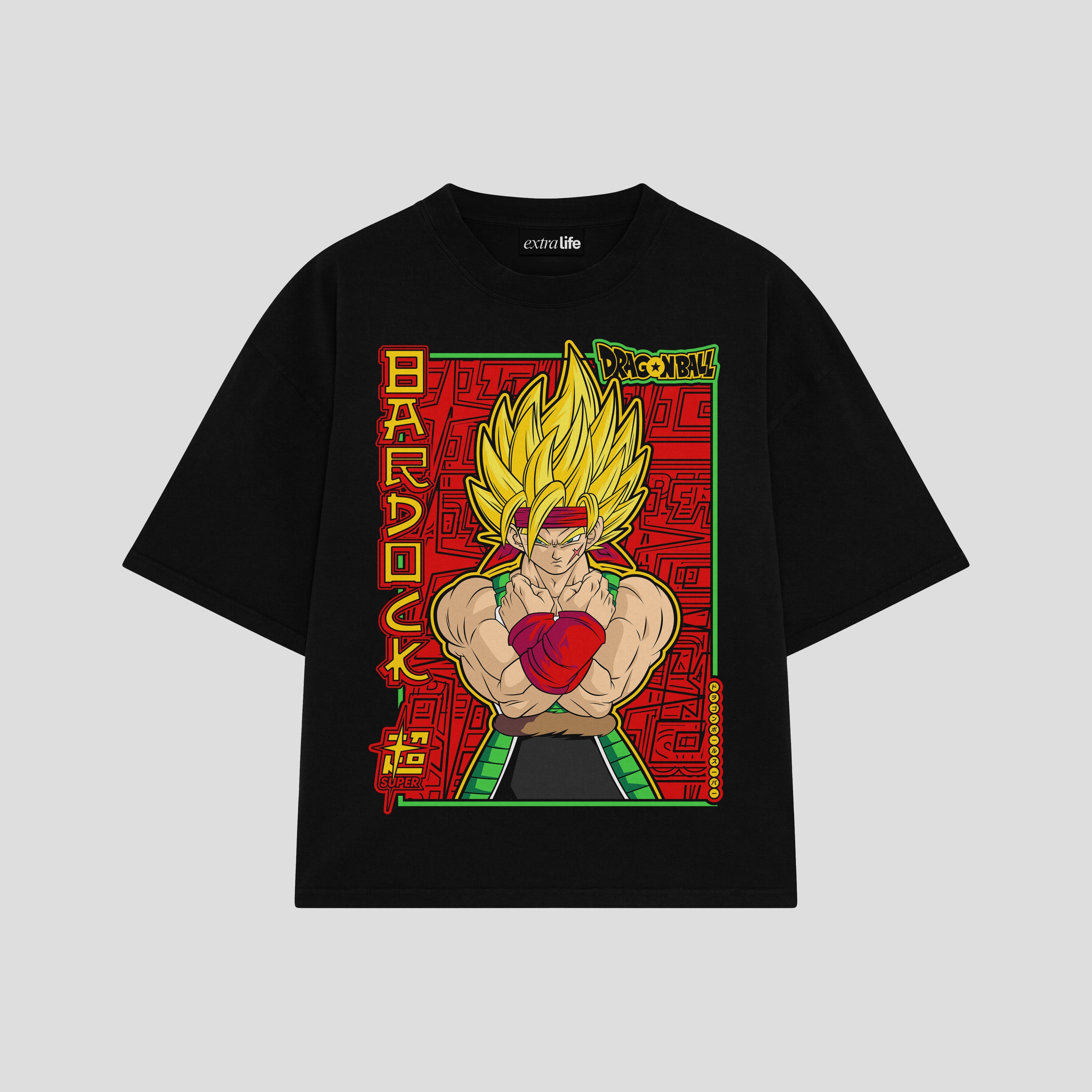 Playera streetwear premium de anime y gaming ExtraLife MX, corte boxy oversized drop shoulder heavyweight en color Deep Black y Off-White, moda urbana mexicana de culto.