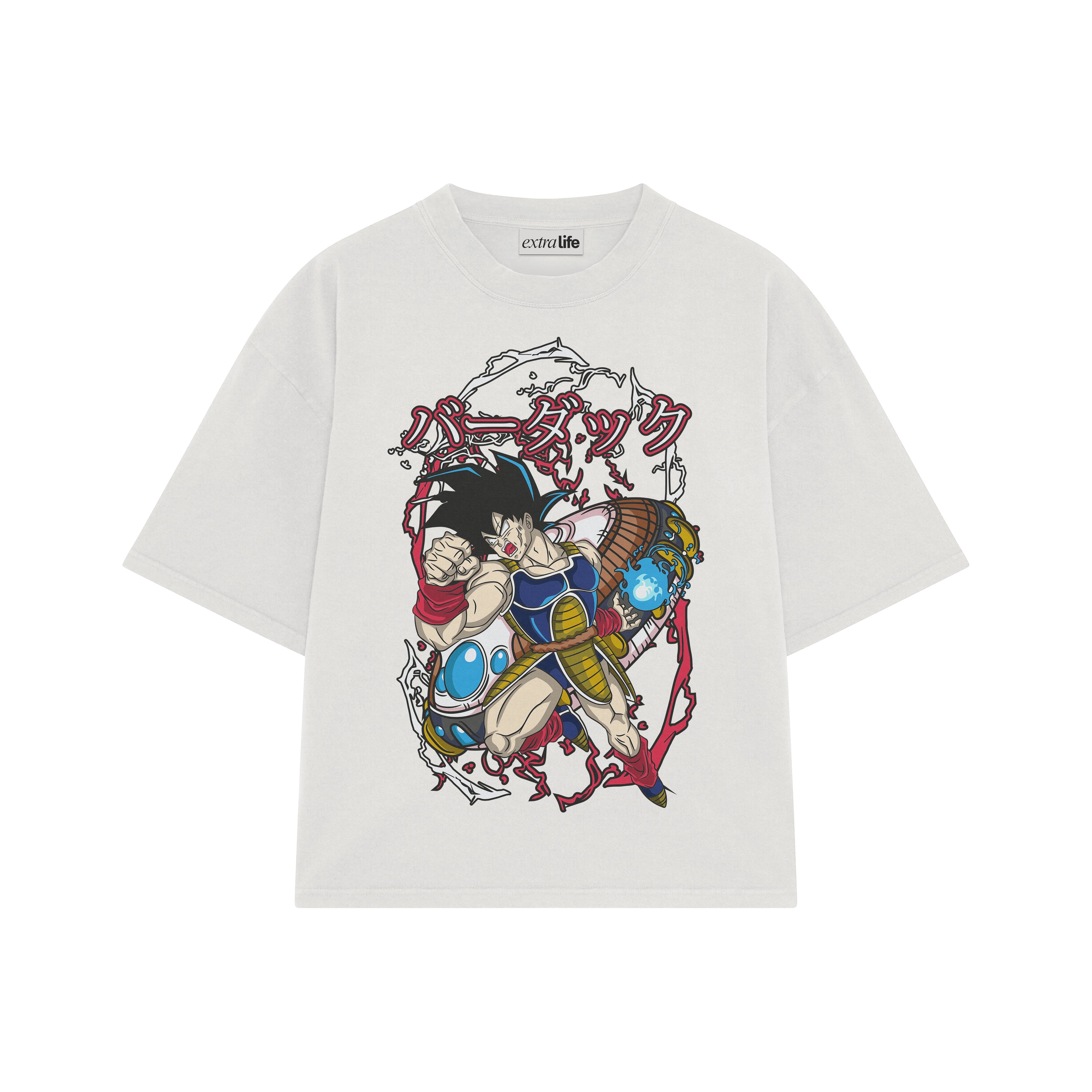 Playera streetwear premium de anime y gaming ExtraLife MX, corte boxy oversized drop shoulder heavyweight en color Deep Black y Off-White, moda urbana mexicana de culto.
