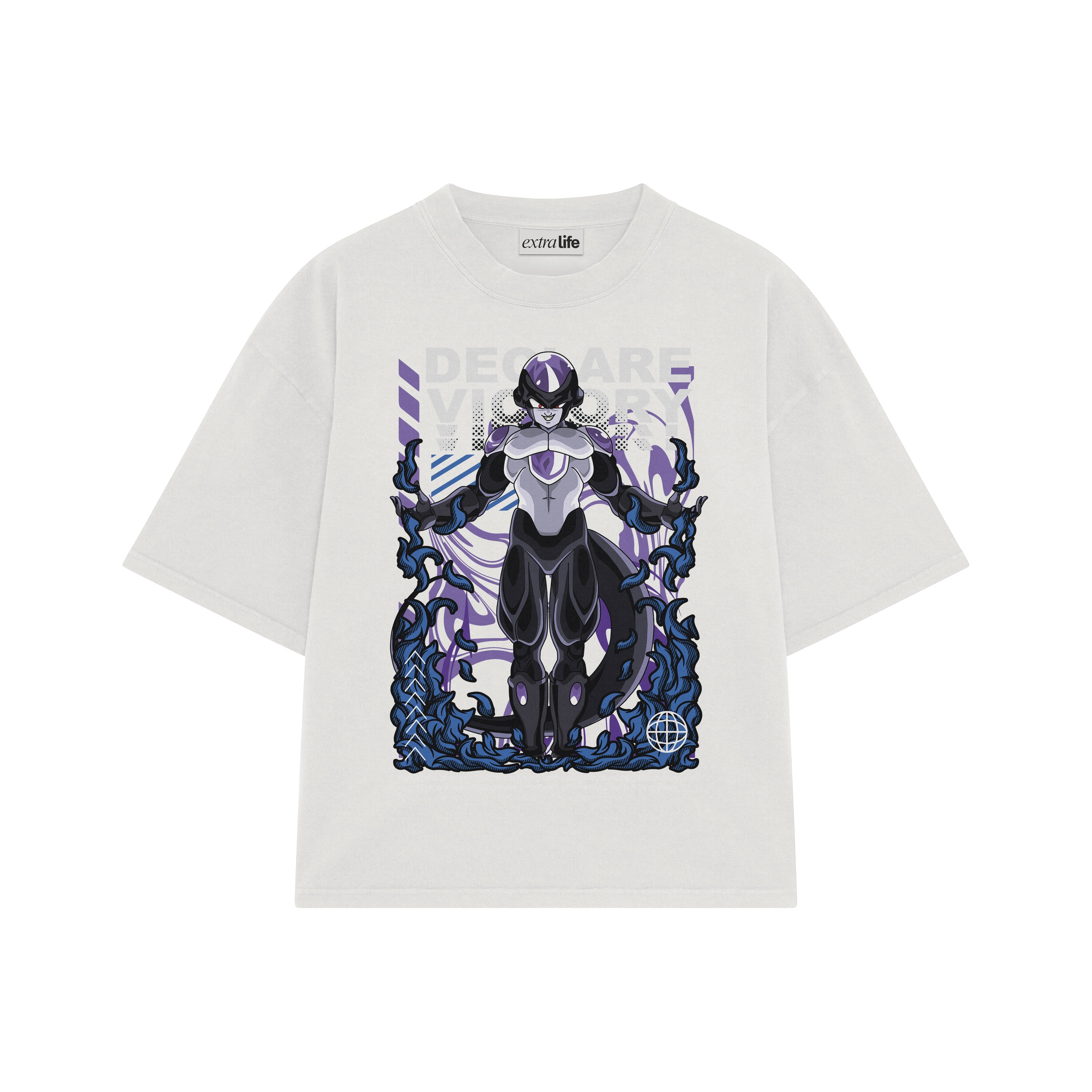 Playera streetwear premium de anime y gaming ExtraLife MX, corte boxy oversized drop shoulder heavyweight en color Deep Black y Off-White, moda urbana mexicana de culto.