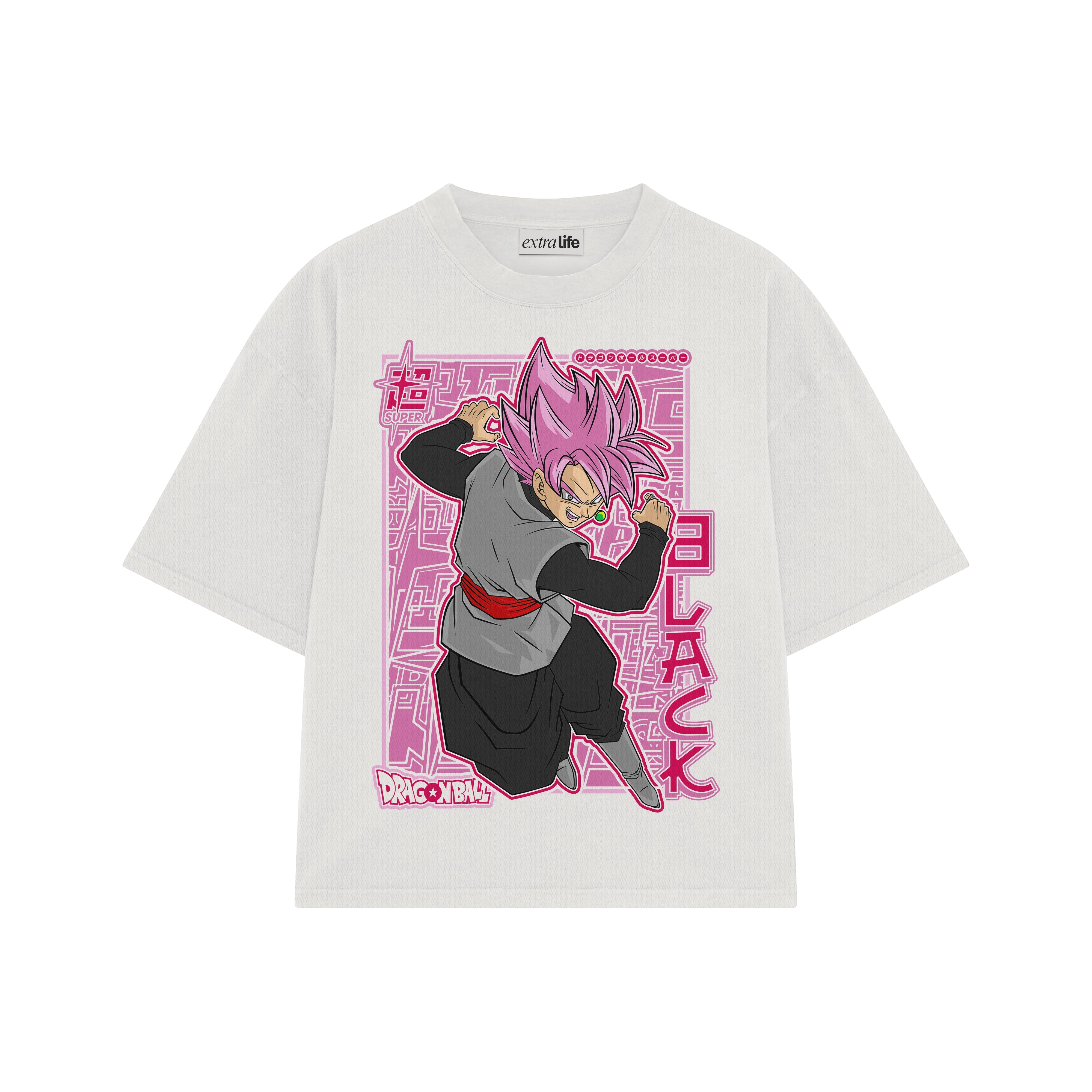 Playera streetwear premium de anime y gaming ExtraLife MX, corte boxy oversized drop shoulder heavyweight en color Deep Black y Off-White, moda urbana mexicana de culto.