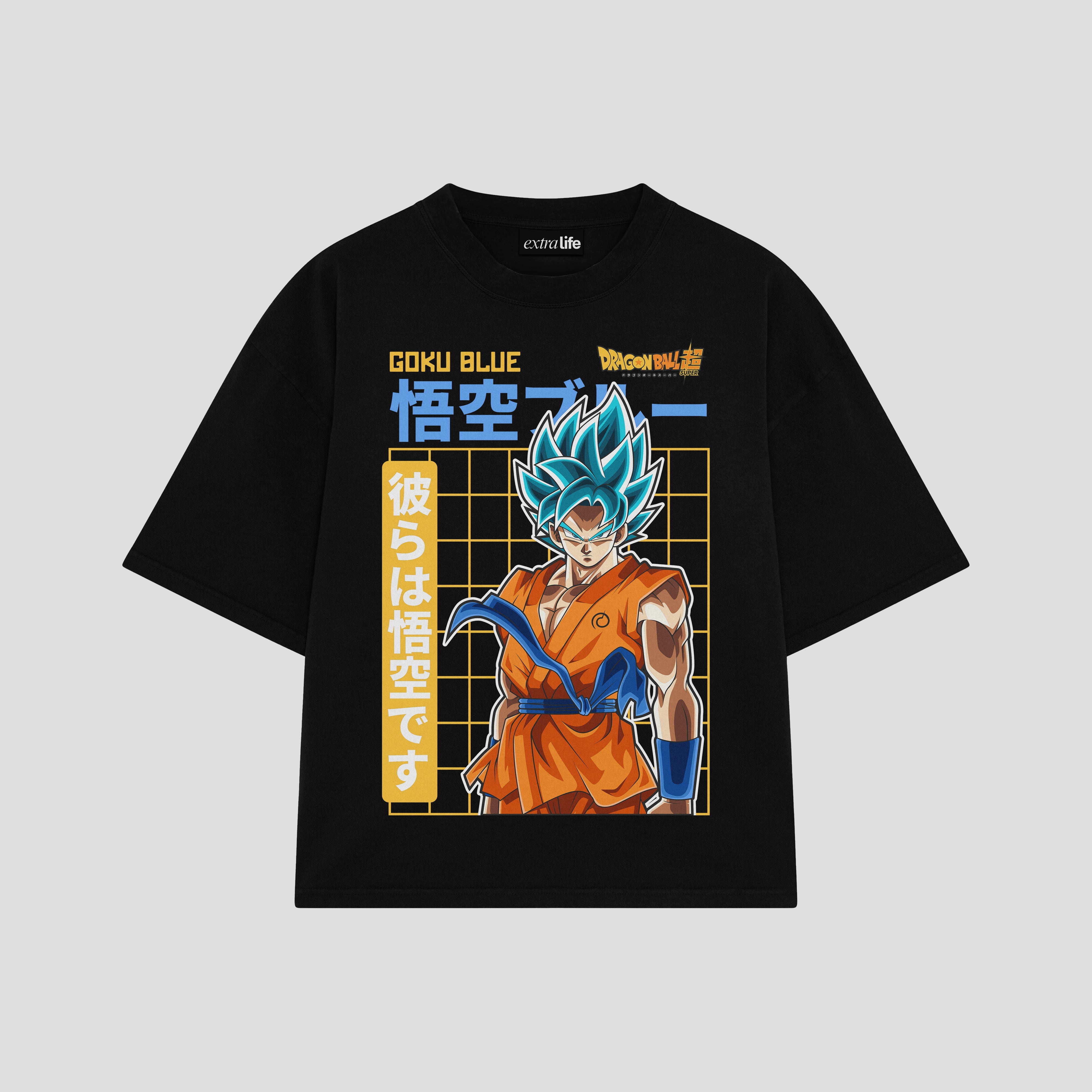 Playera streetwear premium de anime y gaming ExtraLife MX, corte boxy oversized drop shoulder heavyweight en color Deep Black y Off-White, moda urbana mexicana de culto.