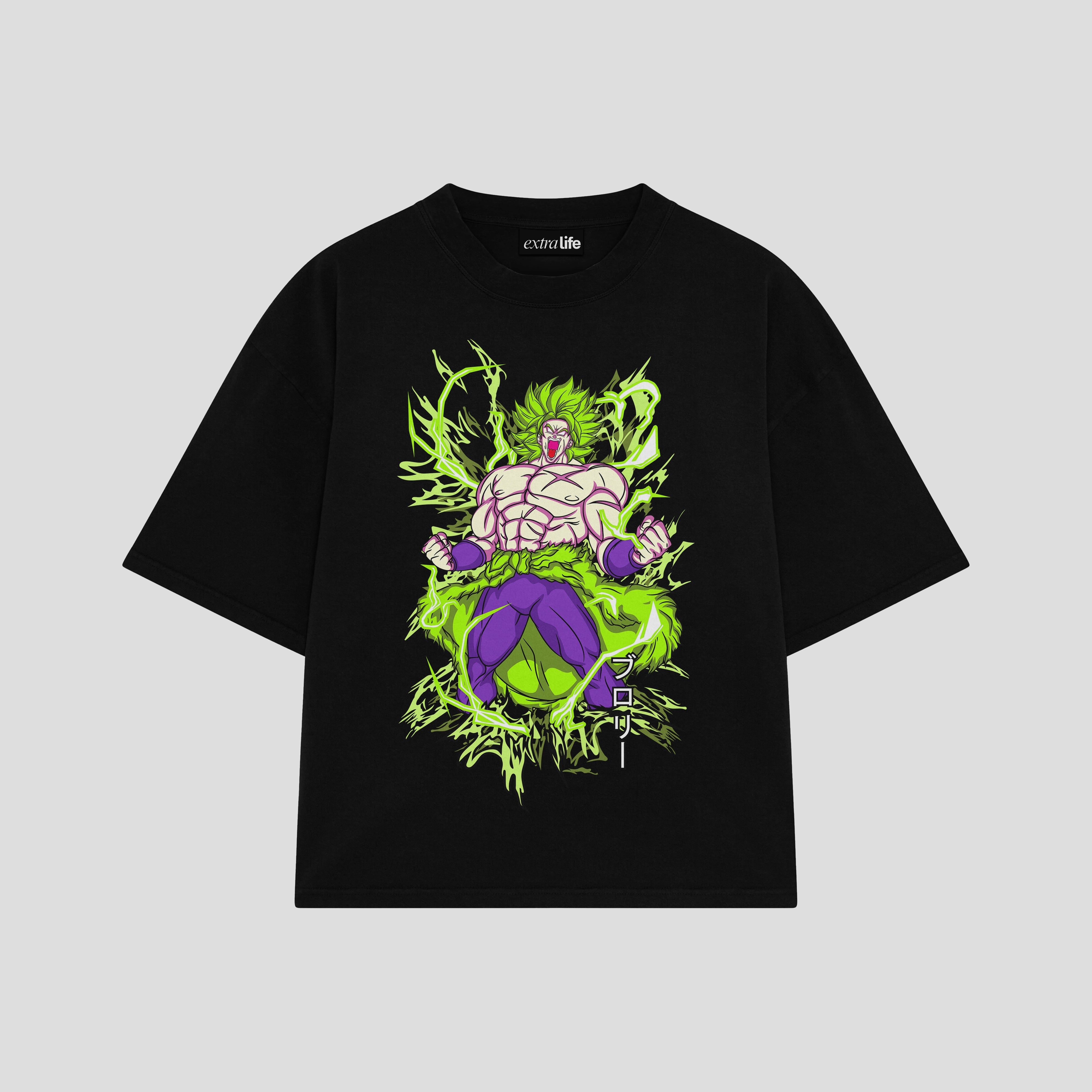 Playera streetwear premium de anime y gaming ExtraLife MX, corte boxy oversized drop shoulder heavyweight en color Deep Black y Off-White, moda urbana mexicana de culto.