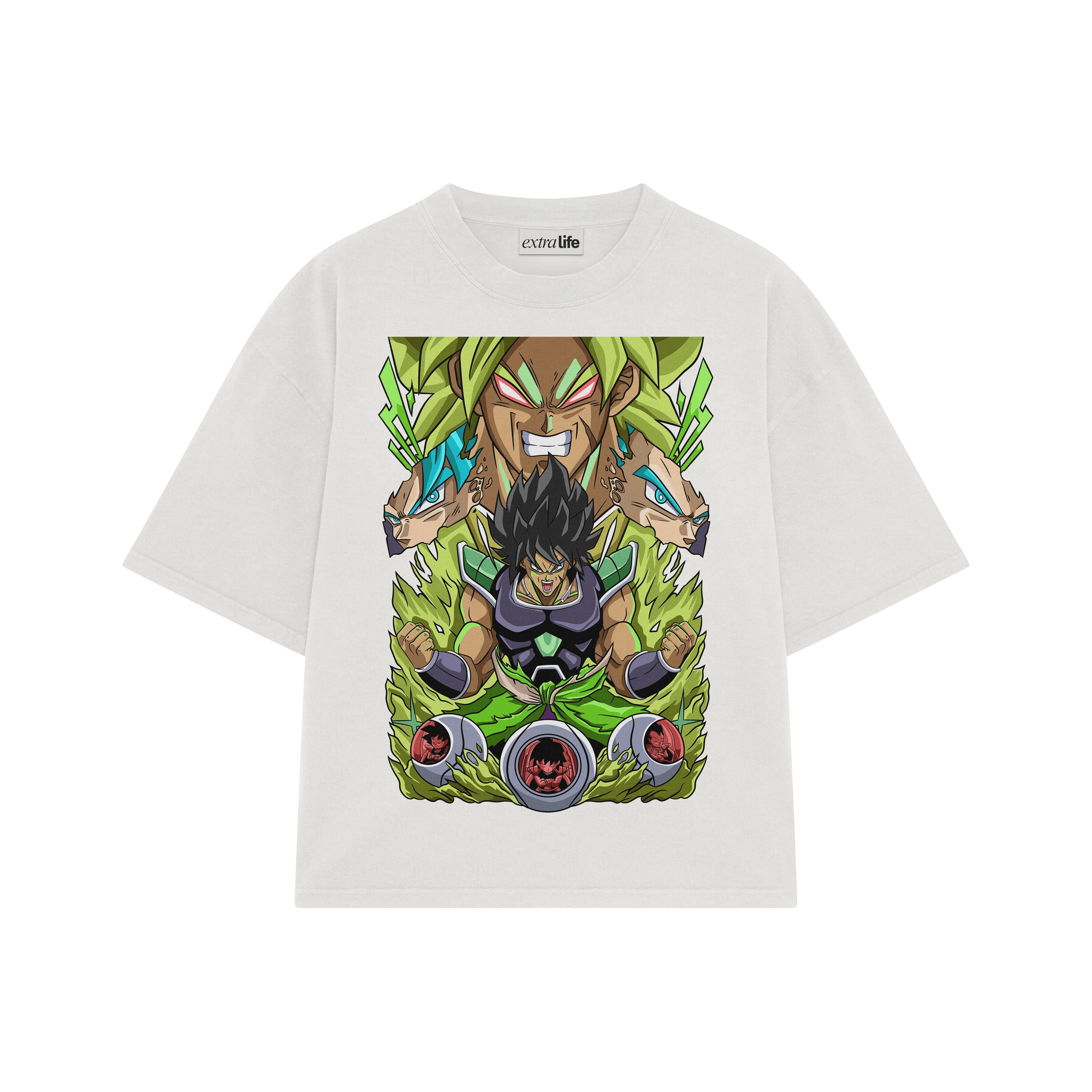 Playera streetwear premium de anime y gaming ExtraLife MX, corte boxy oversized drop shoulder heavyweight en color Deep Black y Off-White, moda urbana mexicana de culto.