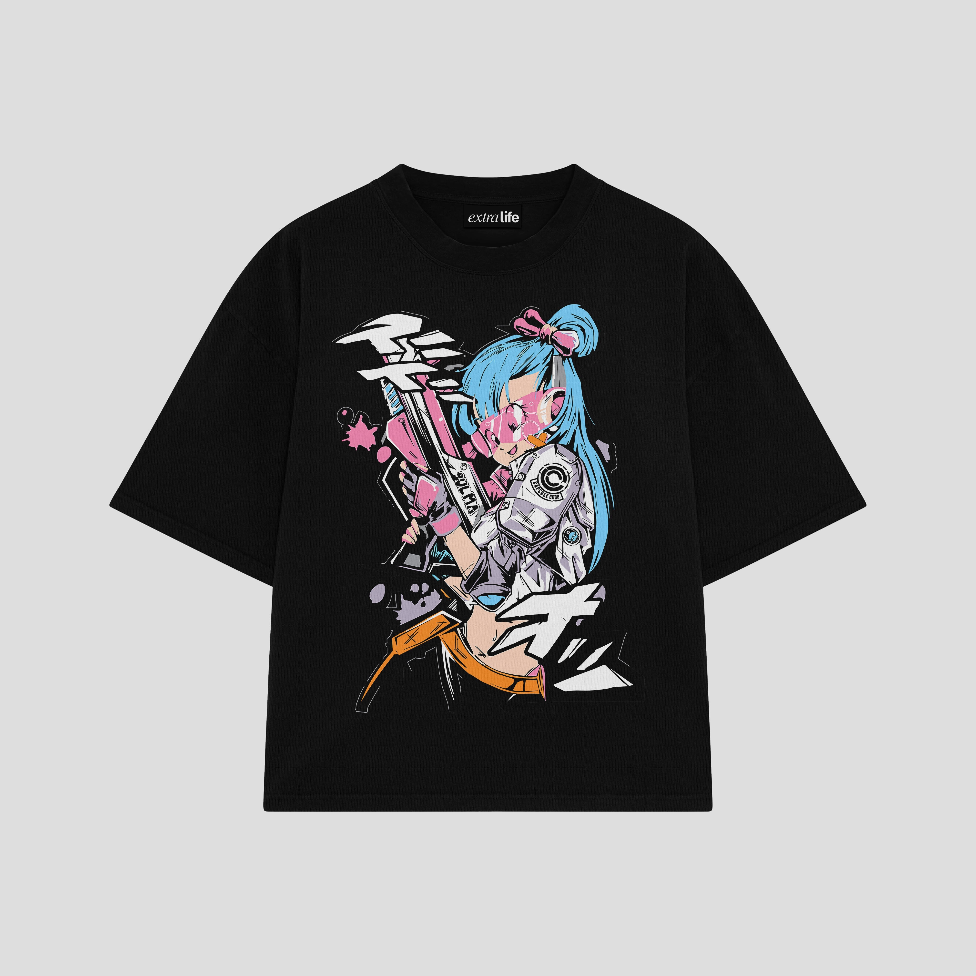 Playera streetwear premium de anime y gaming ExtraLife MX, corte boxy oversized drop shoulder heavyweight en color Deep Black y Off-White, moda urbana mexicana de culto.