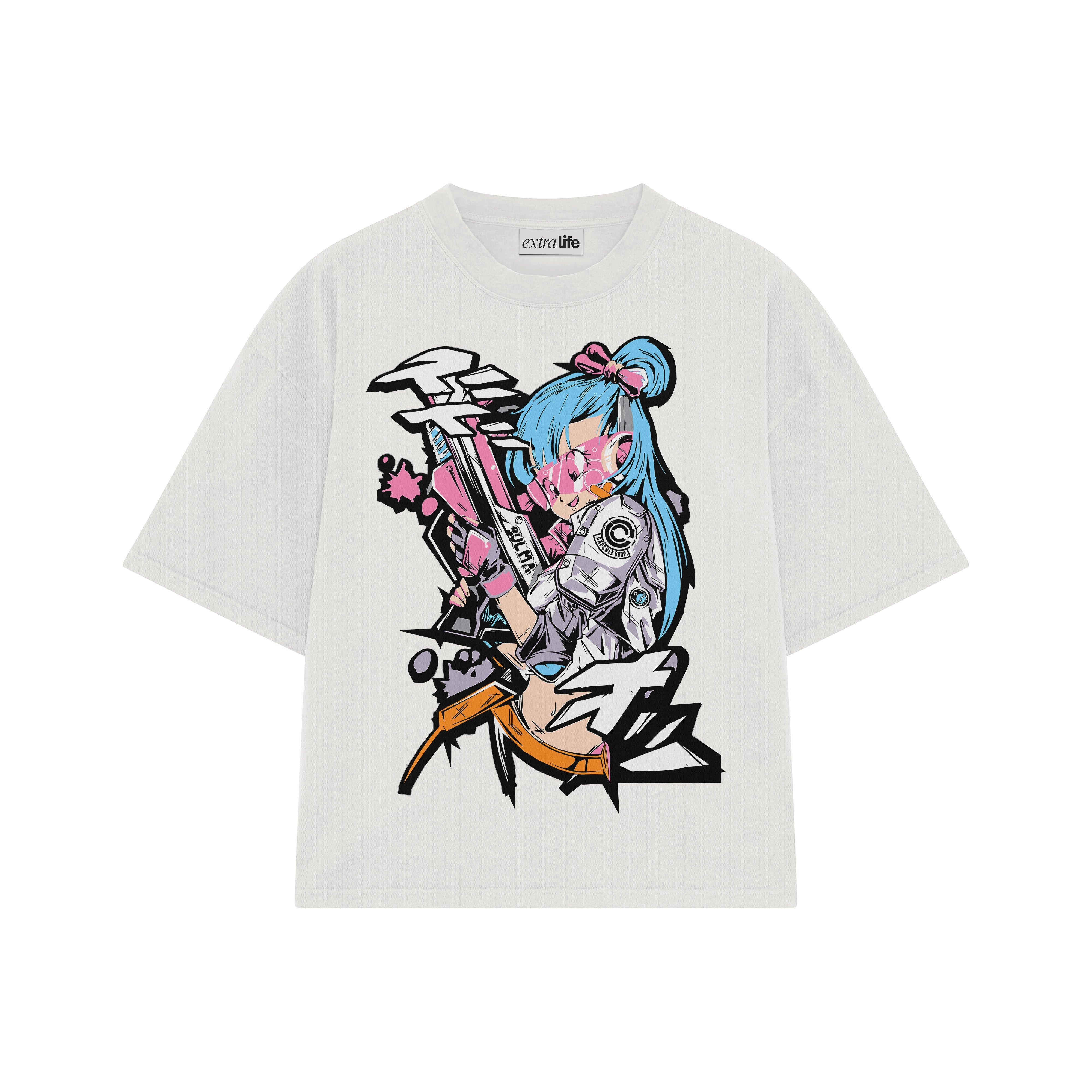 Playera streetwear premium de anime y gaming ExtraLife MX, corte boxy oversized drop shoulder heavyweight en color Deep Black y Off-White, moda urbana mexicana de culto.