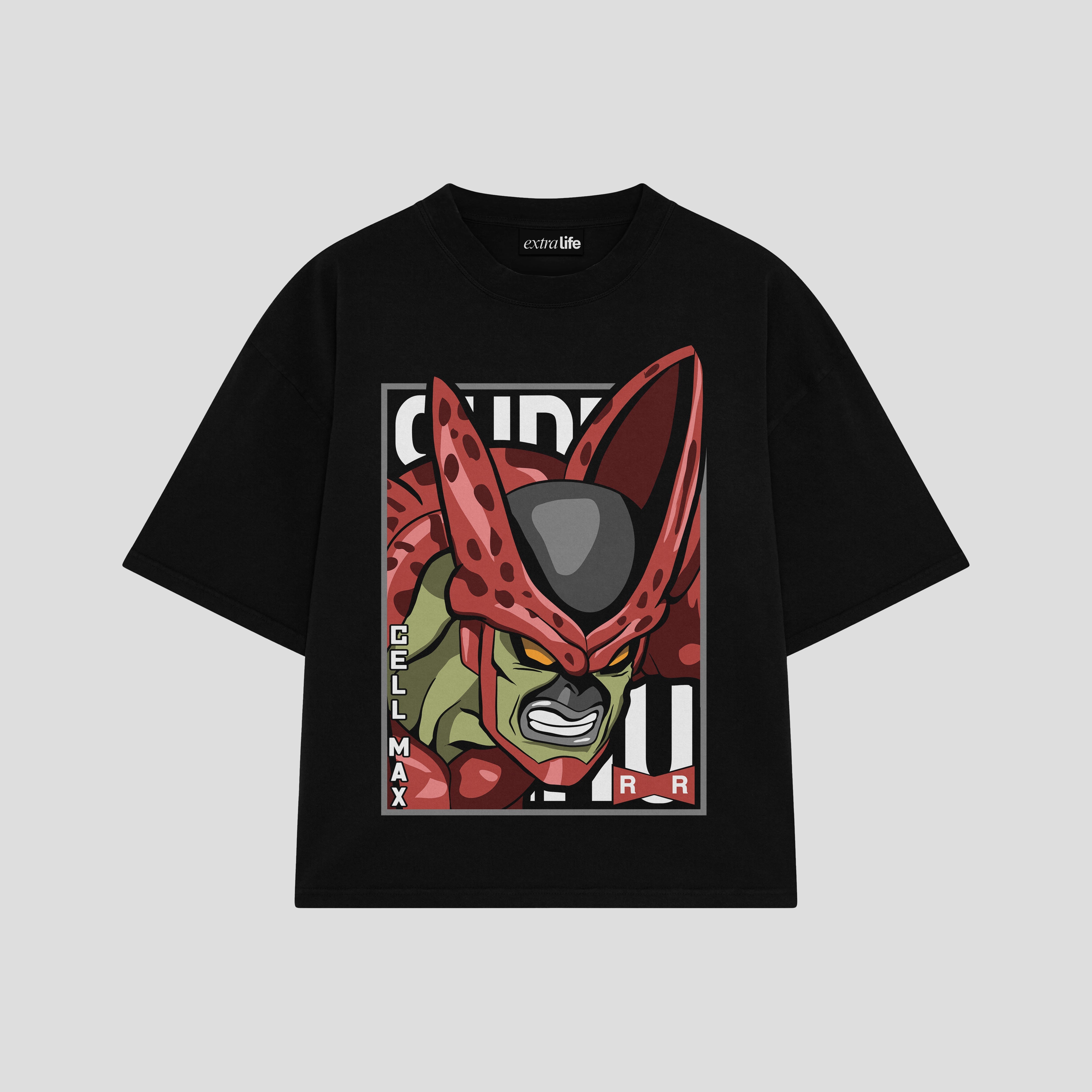 Playera streetwear premium de anime y gaming ExtraLife MX, corte boxy oversized drop shoulder heavyweight en color Deep Black y Off-White, moda urbana mexicana de culto.