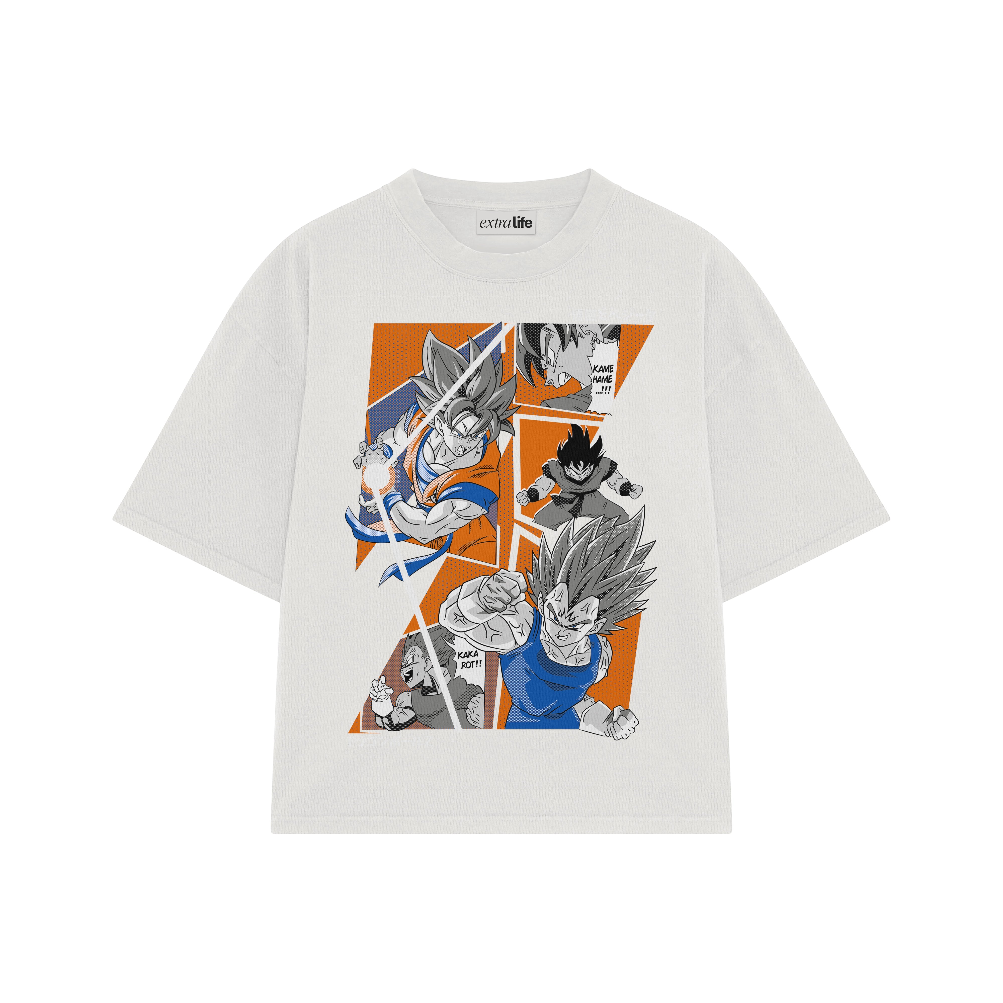 Playera streetwear premium de anime y gaming ExtraLife MX, corte boxy oversized drop shoulder heavyweight en color Deep Black y Off-White, moda urbana mexicana de culto.