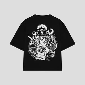 Playera streetwear premium de anime y gaming ExtraLife MX, corte boxy oversized drop shoulder heavyweight en color Deep Black y Off-White, moda urbana mexicana de culto.