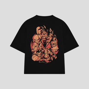 Playera streetwear premium de anime y gaming ExtraLife MX, corte boxy oversized drop shoulder heavyweight en color Deep Black y Off-White, moda urbana mexicana de culto.