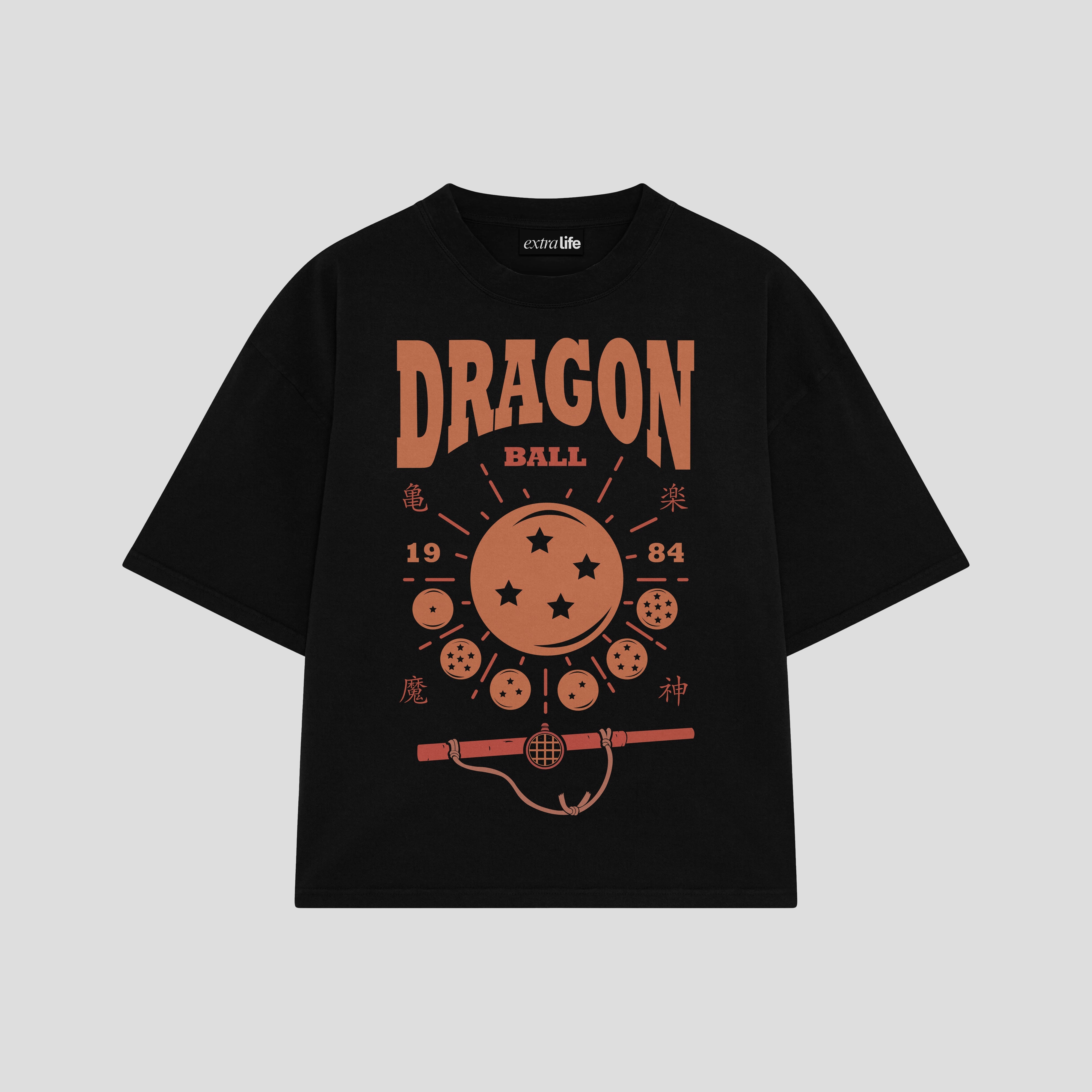Playera streetwear premium de anime y gaming ExtraLife MX, corte boxy oversized drop shoulder heavyweight en color Deep Black y Off-White, moda urbana mexicana de culto.
