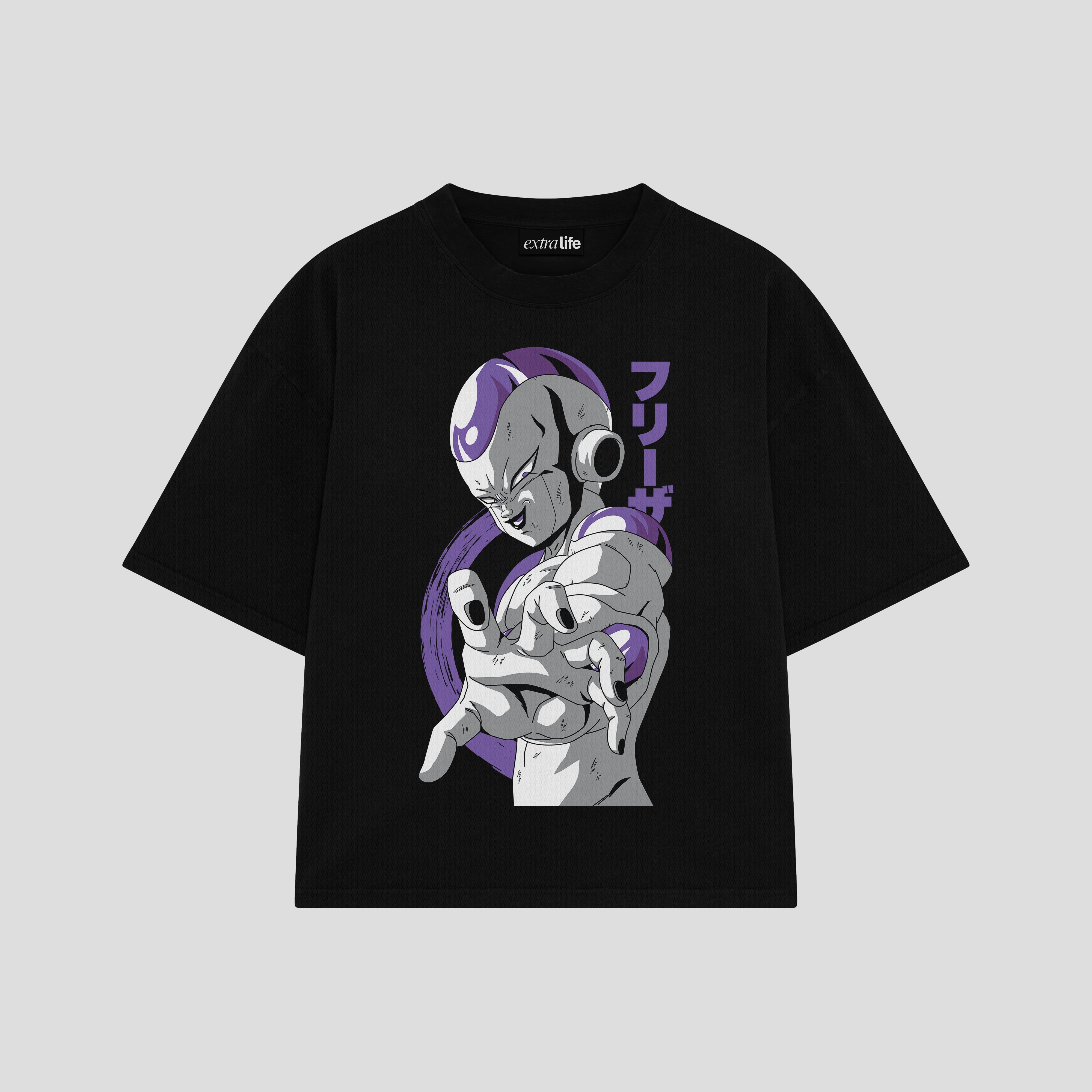 Playera streetwear premium de anime y gaming ExtraLife MX, corte boxy oversized drop shoulder heavyweight en color Deep Black y Off-White, moda urbana mexicana de culto.