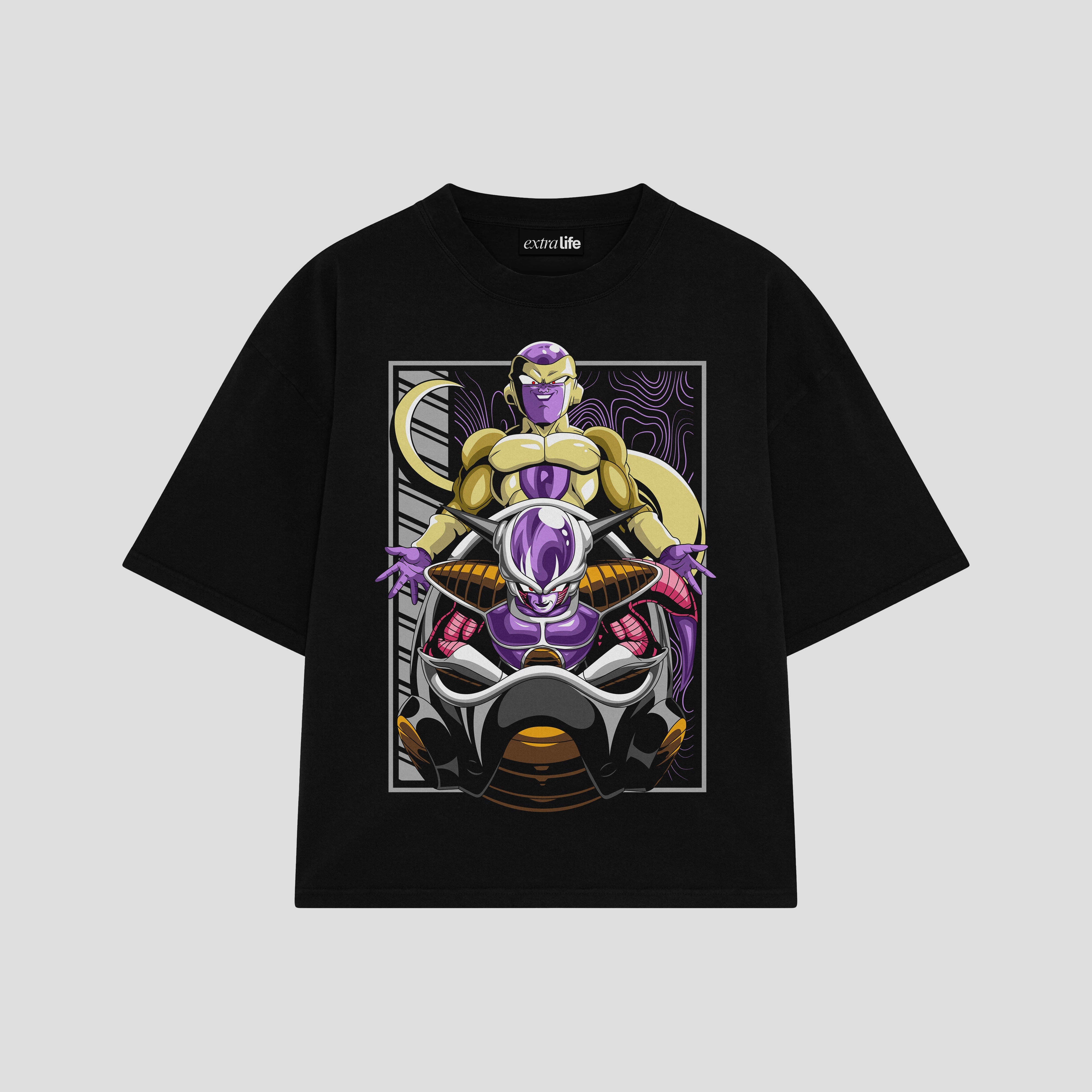 Playera streetwear premium de anime y gaming ExtraLife MX, corte boxy oversized drop shoulder heavyweight en color Deep Black y Off-White, moda urbana mexicana de culto.