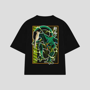 Playera streetwear premium de anime y gaming ExtraLife MX, corte boxy oversized drop shoulder heavyweight en color Deep Black y Off-White, moda urbana mexicana de culto.