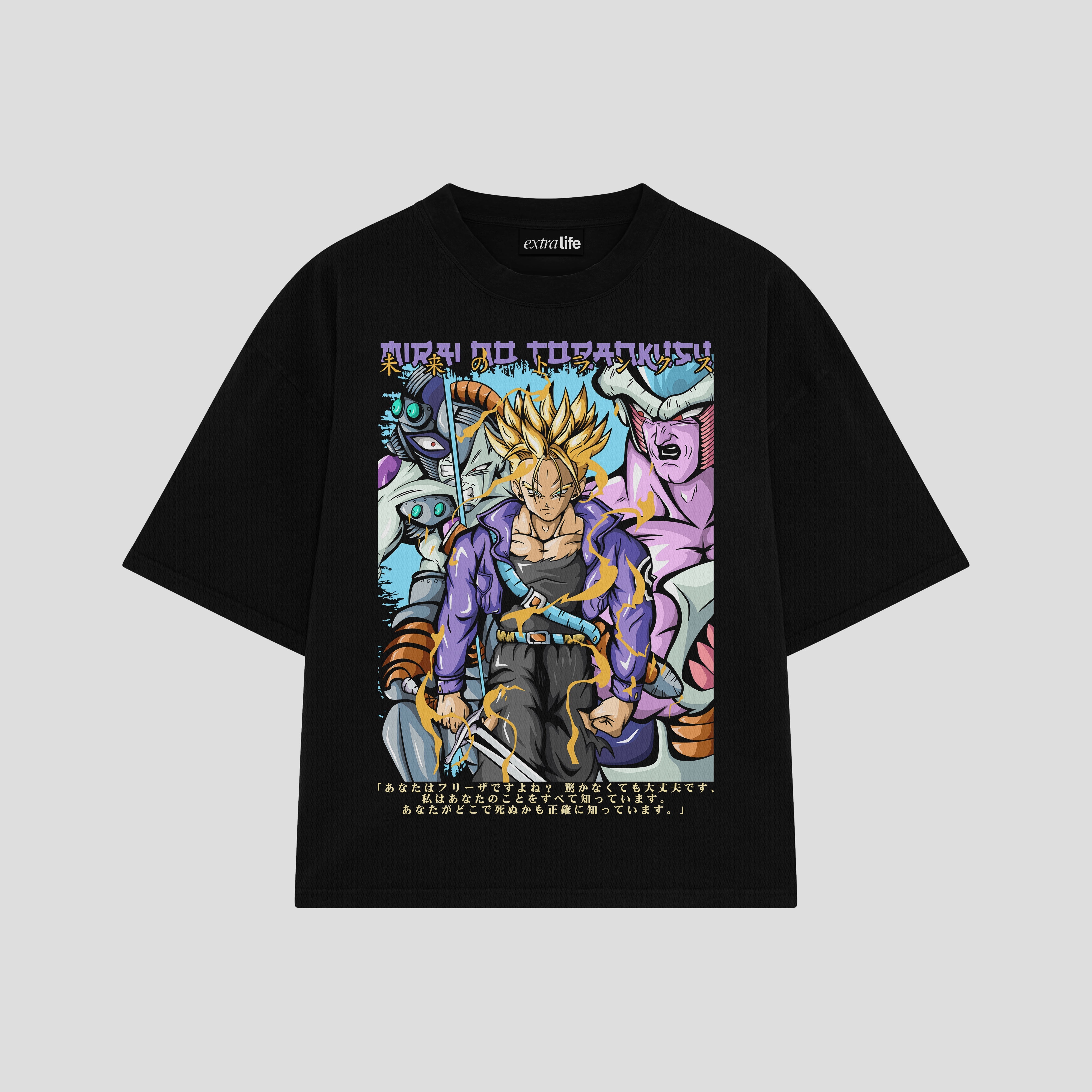 Playera streetwear premium de anime y gaming ExtraLife MX, corte boxy oversized drop shoulder heavyweight en color Deep Black y Off-White, moda urbana mexicana de culto.