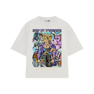 Playera streetwear premium de anime y gaming ExtraLife MX, corte boxy oversized drop shoulder heavyweight en color Deep Black y Off-White, moda urbana mexicana de culto.