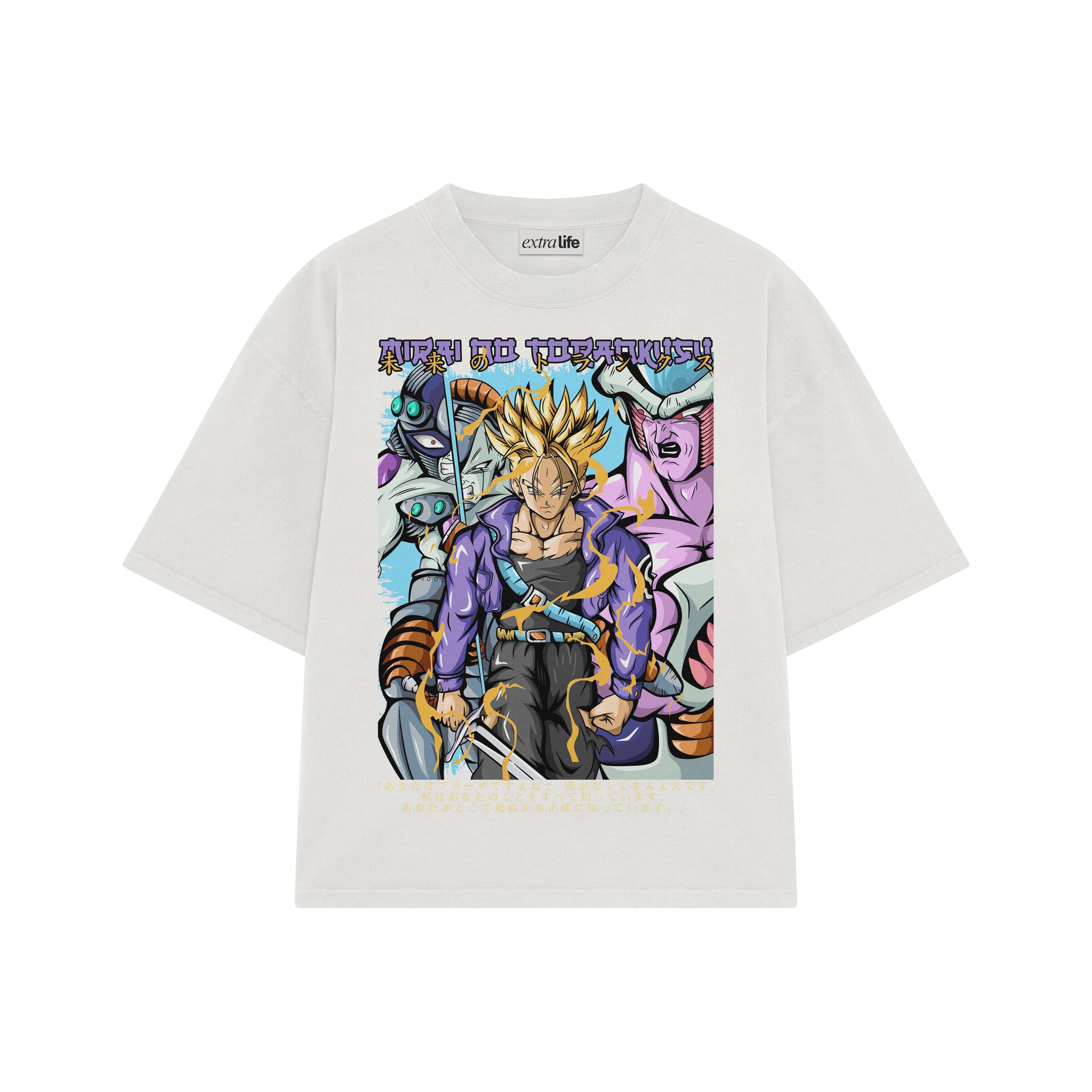Playera streetwear premium de anime y gaming ExtraLife MX, corte boxy oversized drop shoulder heavyweight en color Deep Black y Off-White, moda urbana mexicana de culto.