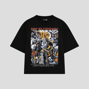 Playera streetwear premium de anime y gaming ExtraLife MX, corte boxy oversized drop shoulder heavyweight en color Deep Black y Off-White, moda urbana mexicana de culto.