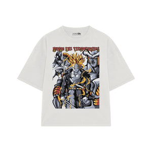 Playera streetwear premium de anime y gaming ExtraLife MX, corte boxy oversized drop shoulder heavyweight en color Deep Black y Off-White, moda urbana mexicana de culto.