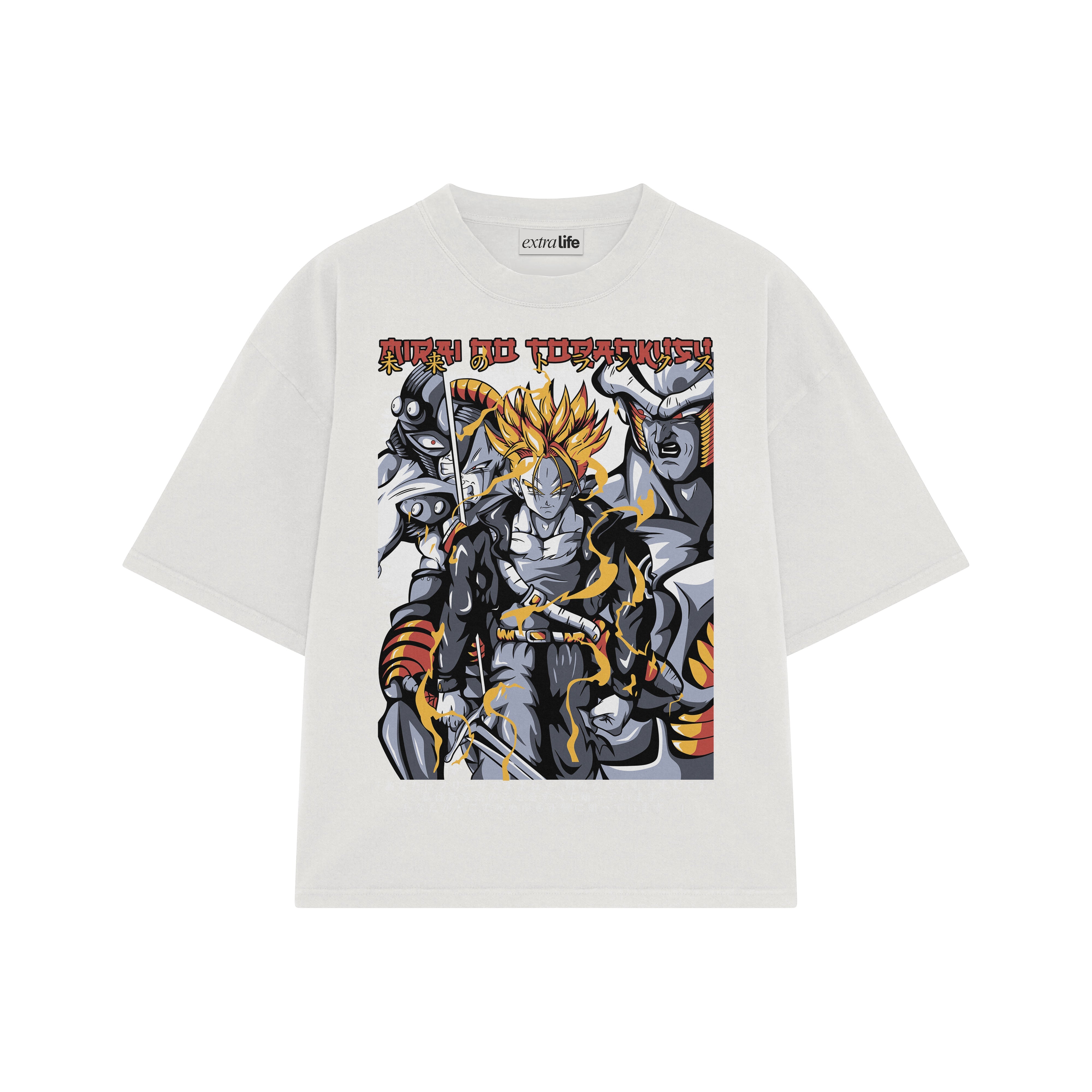 Playera streetwear premium de anime y gaming ExtraLife MX, corte boxy oversized drop shoulder heavyweight en color Deep Black y Off-White, moda urbana mexicana de culto.