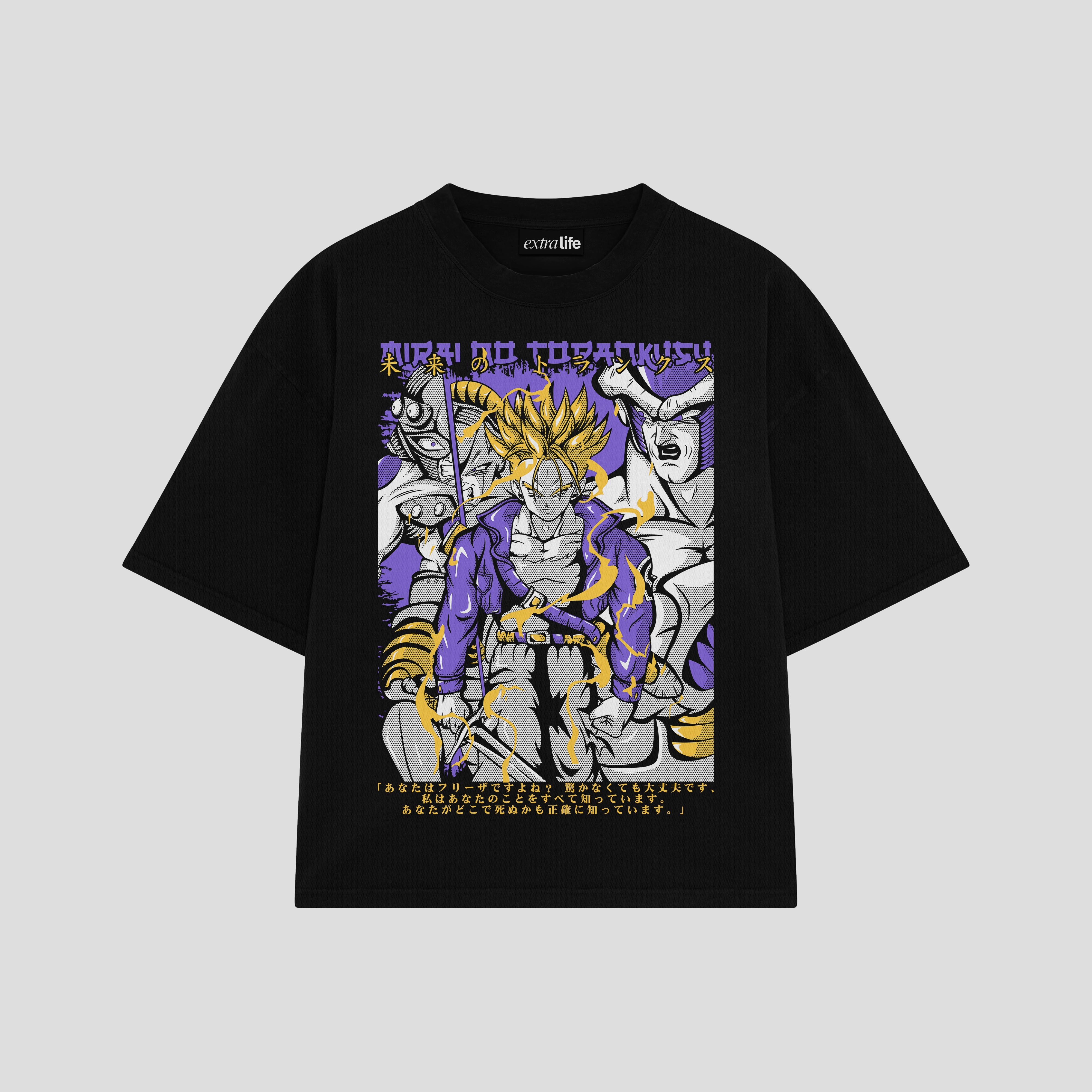 Playera streetwear premium de anime y gaming ExtraLife MX, corte boxy oversized drop shoulder heavyweight en color Deep Black y Off-White, moda urbana mexicana de culto.
