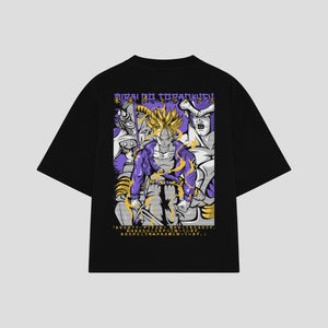 Playera streetwear premium de anime y gaming ExtraLife MX, corte boxy oversized drop shoulder heavyweight en color Deep Black y Off-White, moda urbana mexicana de culto.