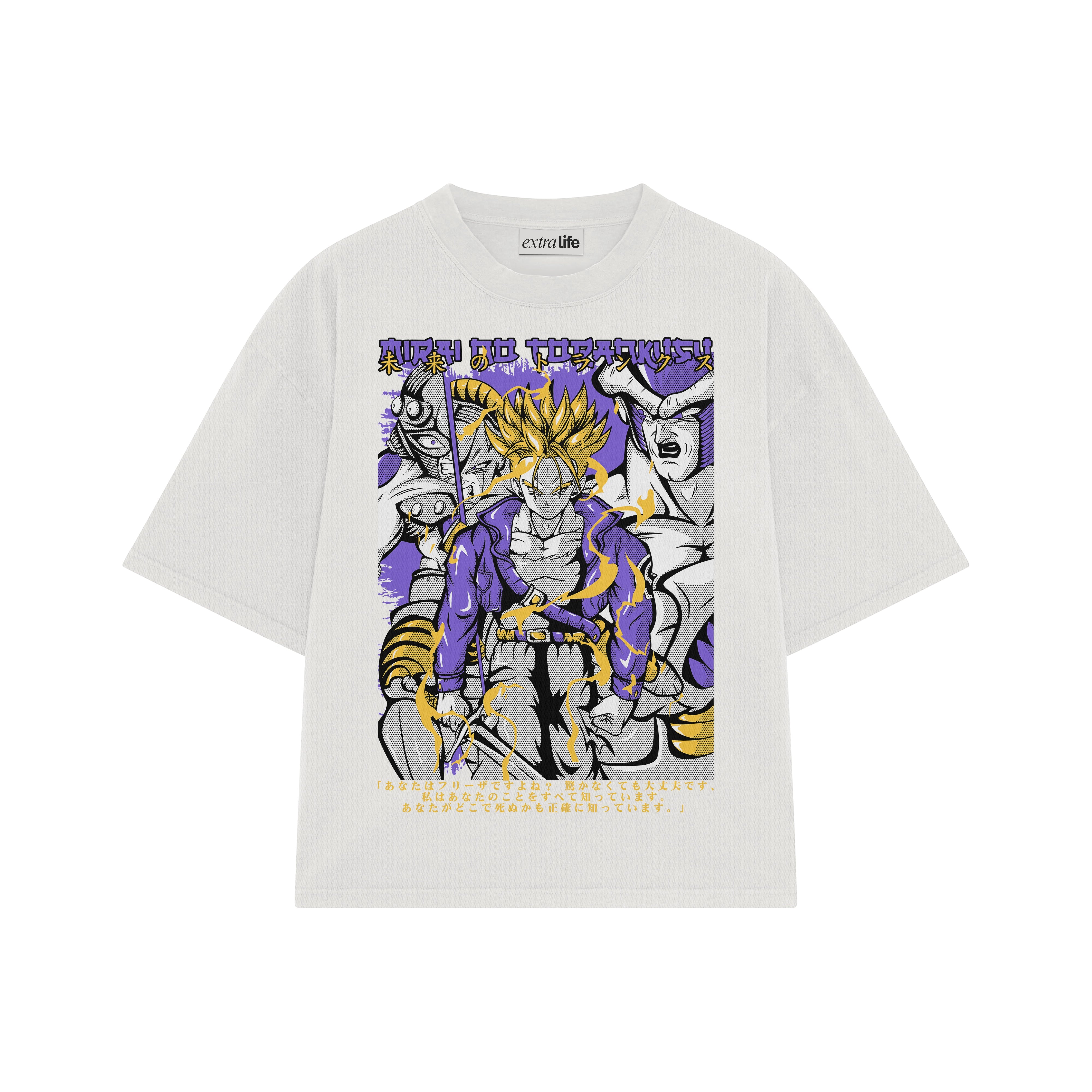 Playera streetwear premium de anime y gaming ExtraLife MX, corte boxy oversized drop shoulder heavyweight en color Deep Black y Off-White, moda urbana mexicana de culto.