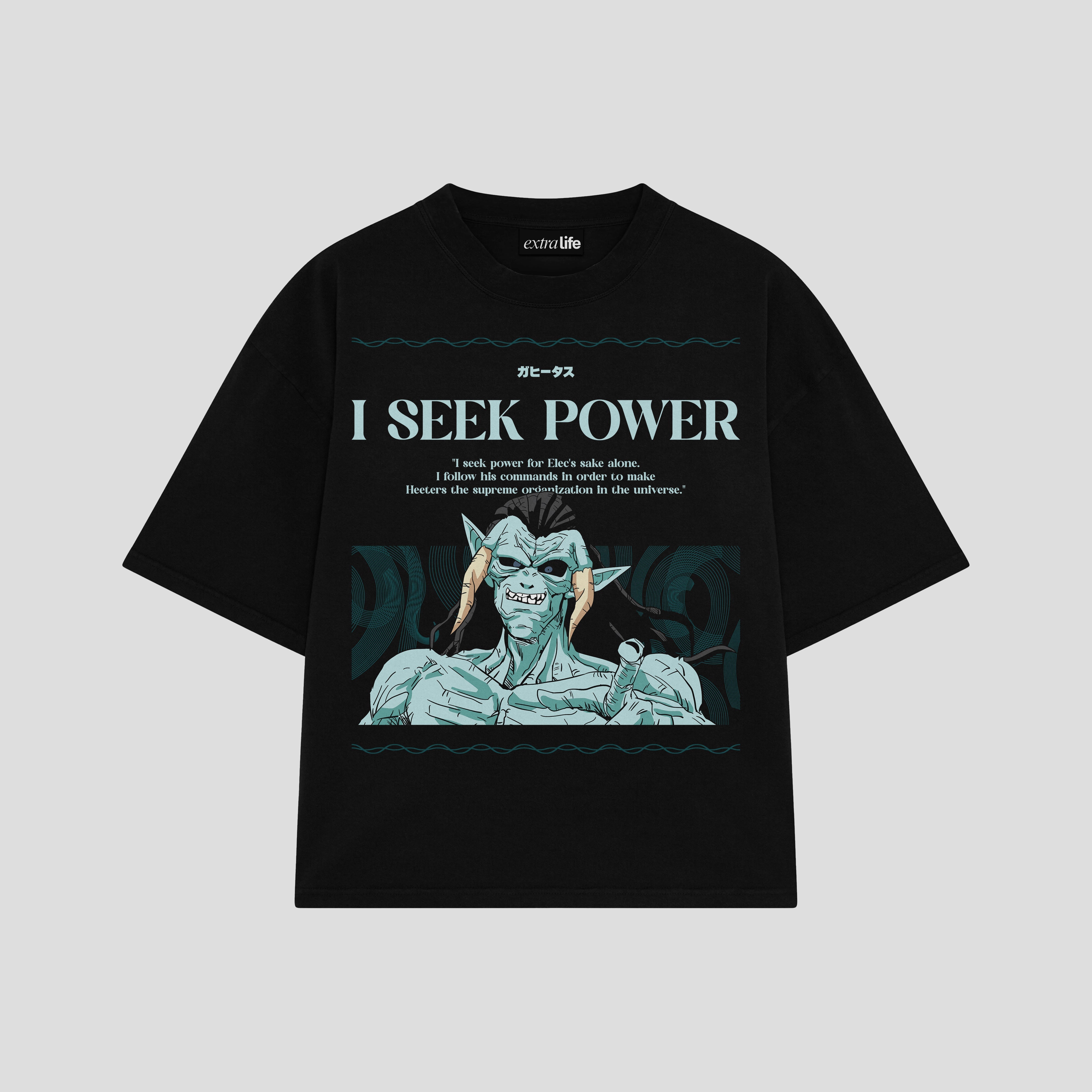 Playera streetwear premium de anime y gaming ExtraLife MX, corte boxy oversized drop shoulder heavyweight en color Deep Black y Off-White, moda urbana mexicana de culto.