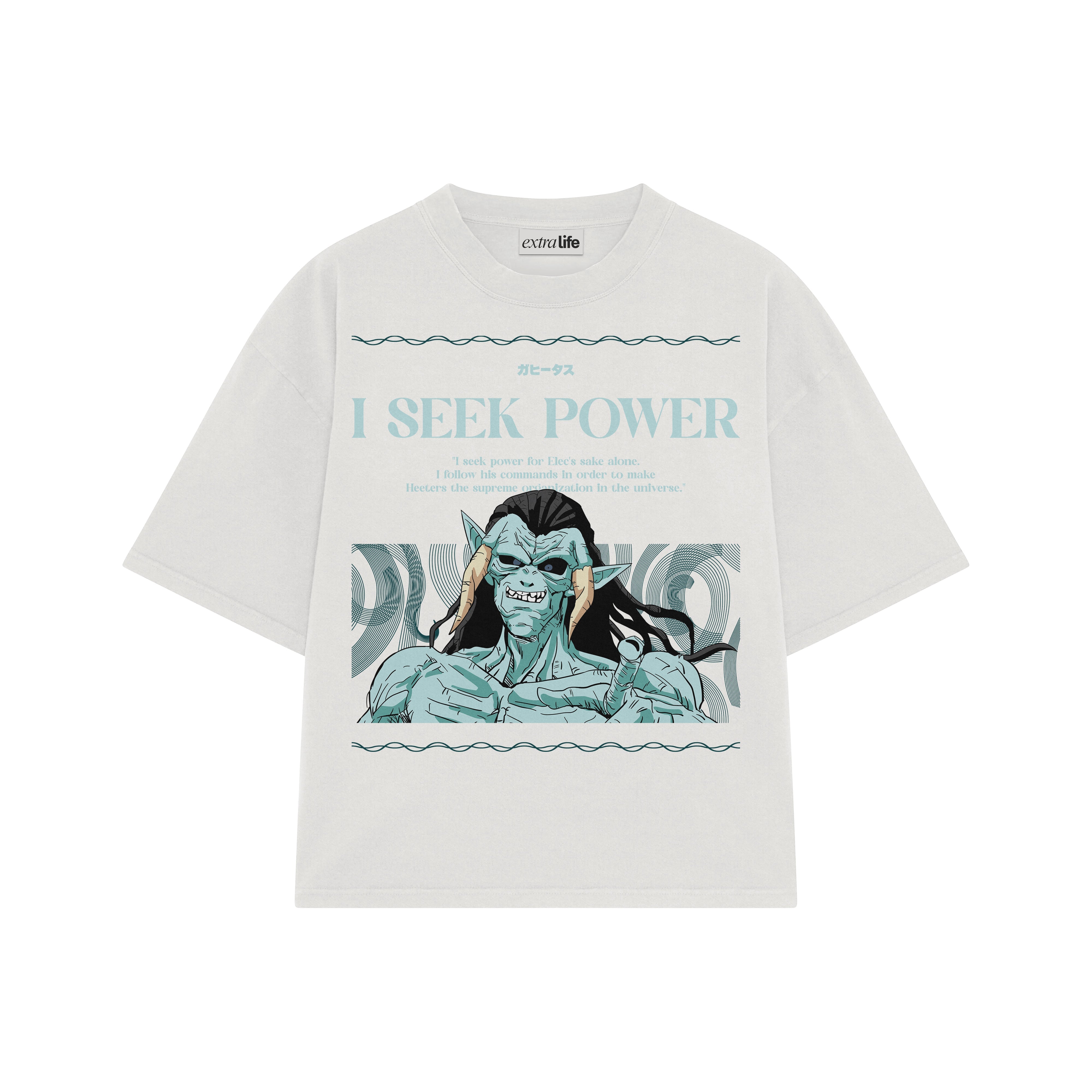 Playera streetwear premium de anime y gaming ExtraLife MX, corte boxy oversized drop shoulder heavyweight en color Deep Black y Off-White, moda urbana mexicana de culto.