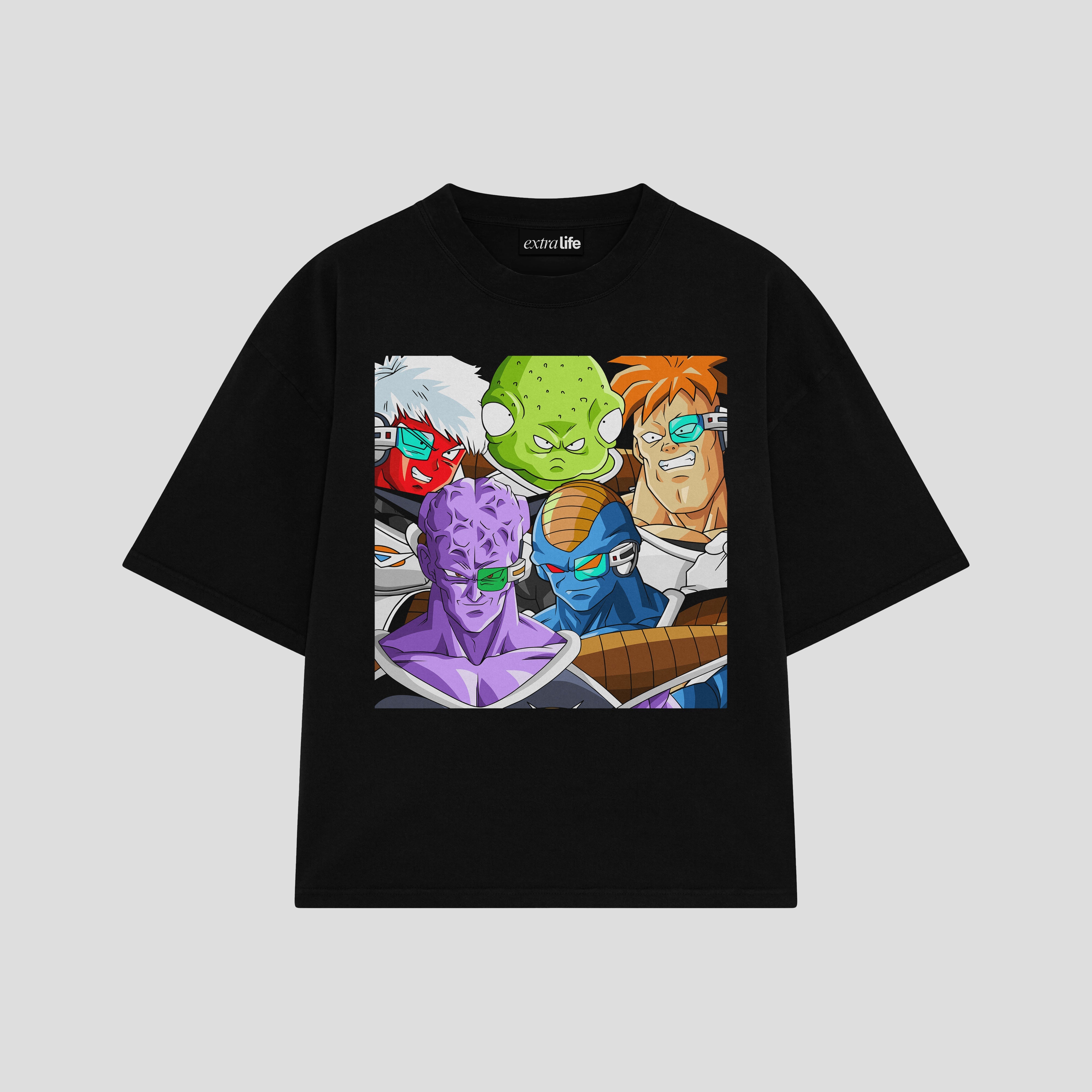 Playera streetwear premium de anime y gaming ExtraLife MX, corte boxy oversized drop shoulder heavyweight en color Deep Black y Off-White, moda urbana mexicana de culto.