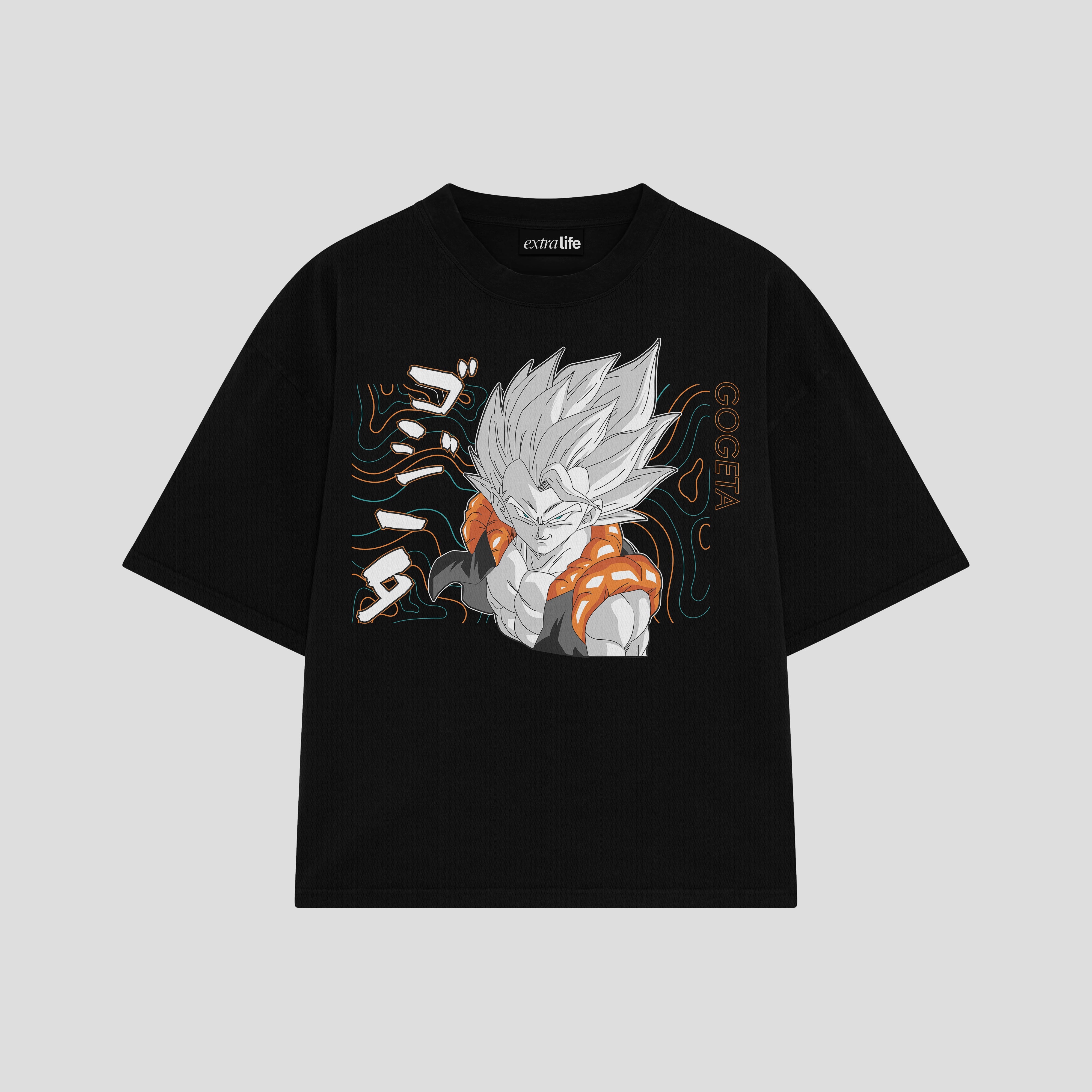 Playera streetwear premium de anime y gaming ExtraLife MX, corte boxy oversized drop shoulder heavyweight en color Deep Black y Off-White, moda urbana mexicana de culto.