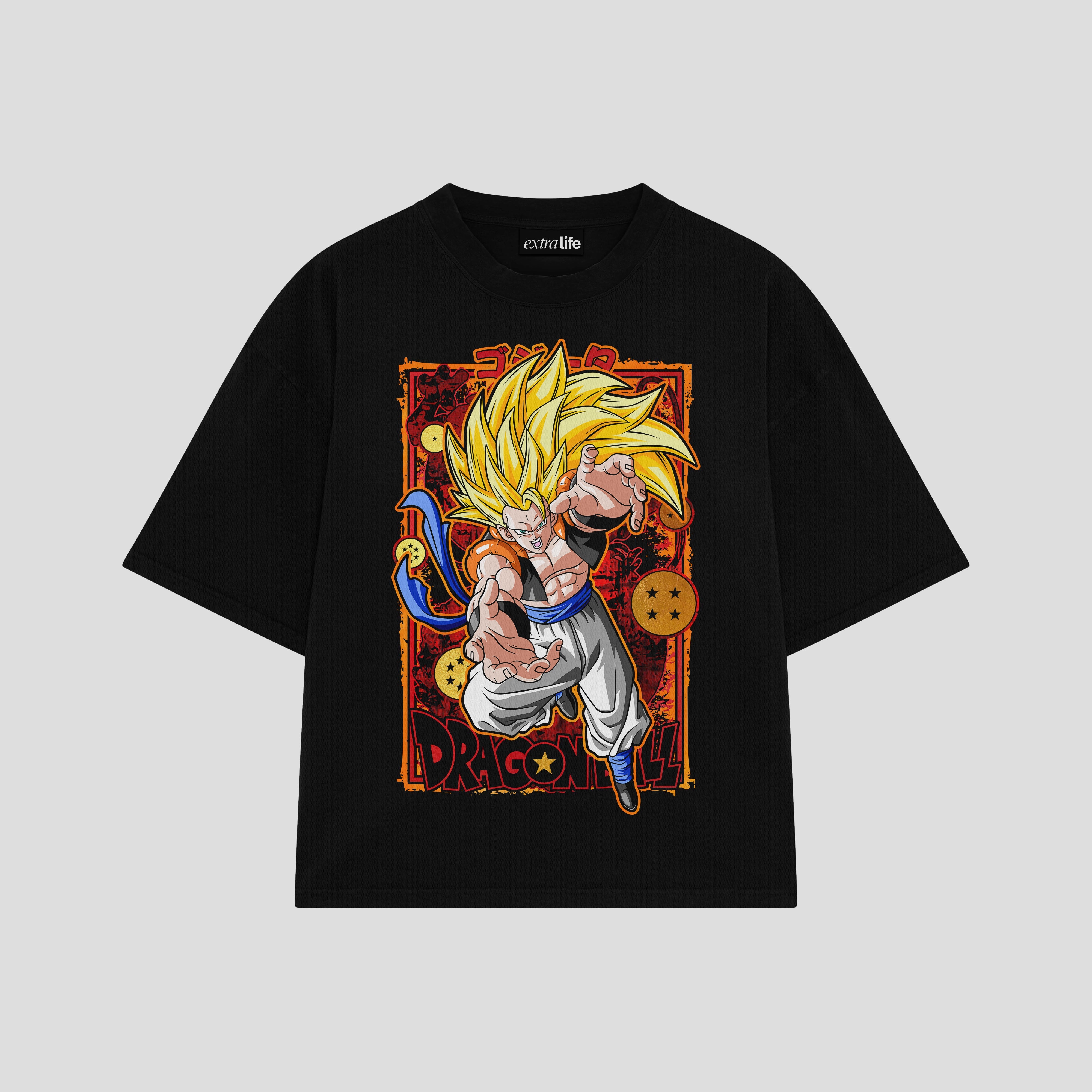 Playera streetwear premium de anime y gaming ExtraLife MX, corte boxy oversized drop shoulder heavyweight en color Deep Black y Off-White, moda urbana mexicana de culto.