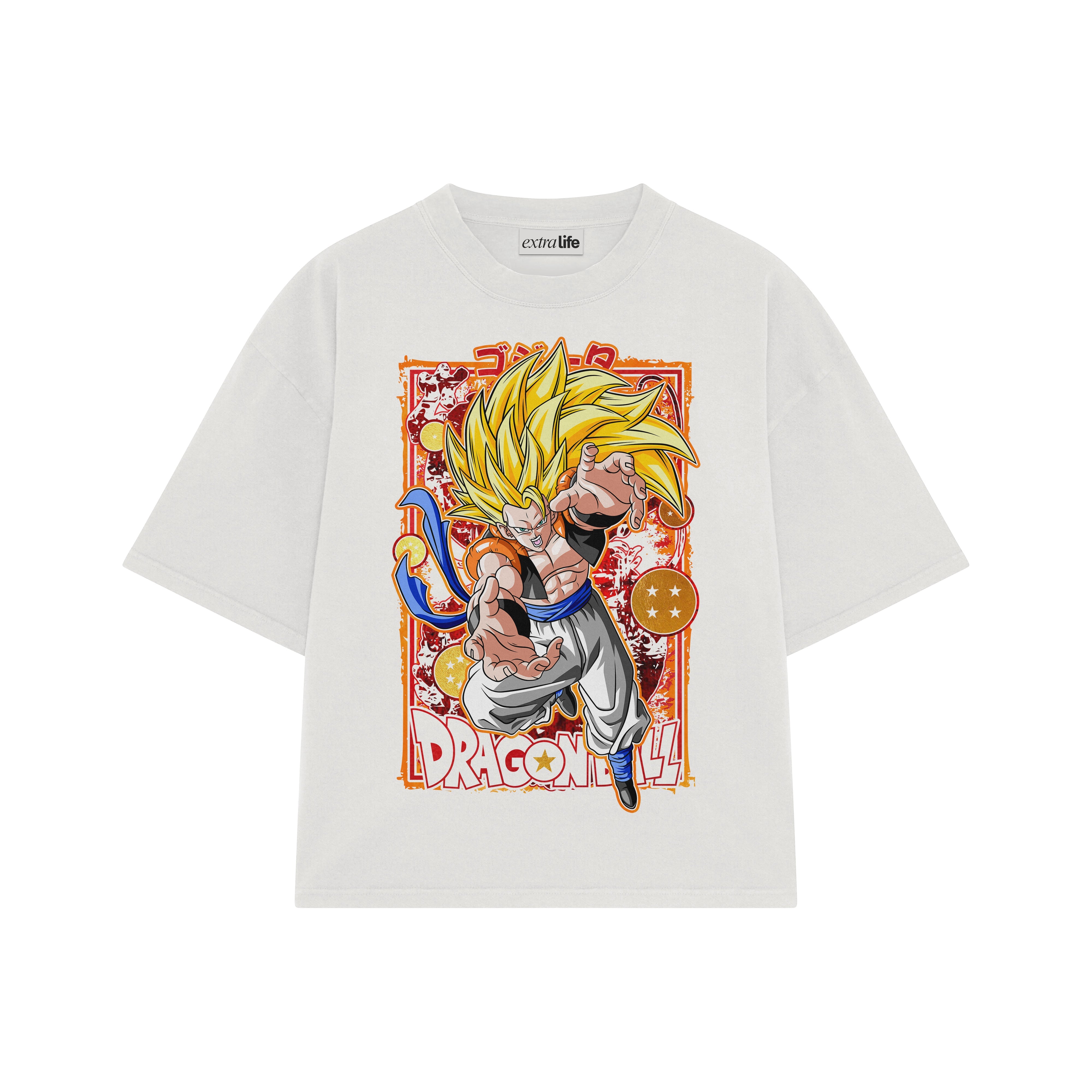 Playera streetwear premium de anime y gaming ExtraLife MX, corte boxy oversized drop shoulder heavyweight en color Deep Black y Off-White, moda urbana mexicana de culto.
