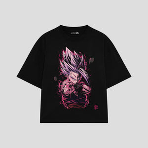 Playera streetwear premium de anime y gaming ExtraLife MX, corte boxy oversized drop shoulder heavyweight en color Deep Black y Off-White, moda urbana mexicana de culto.